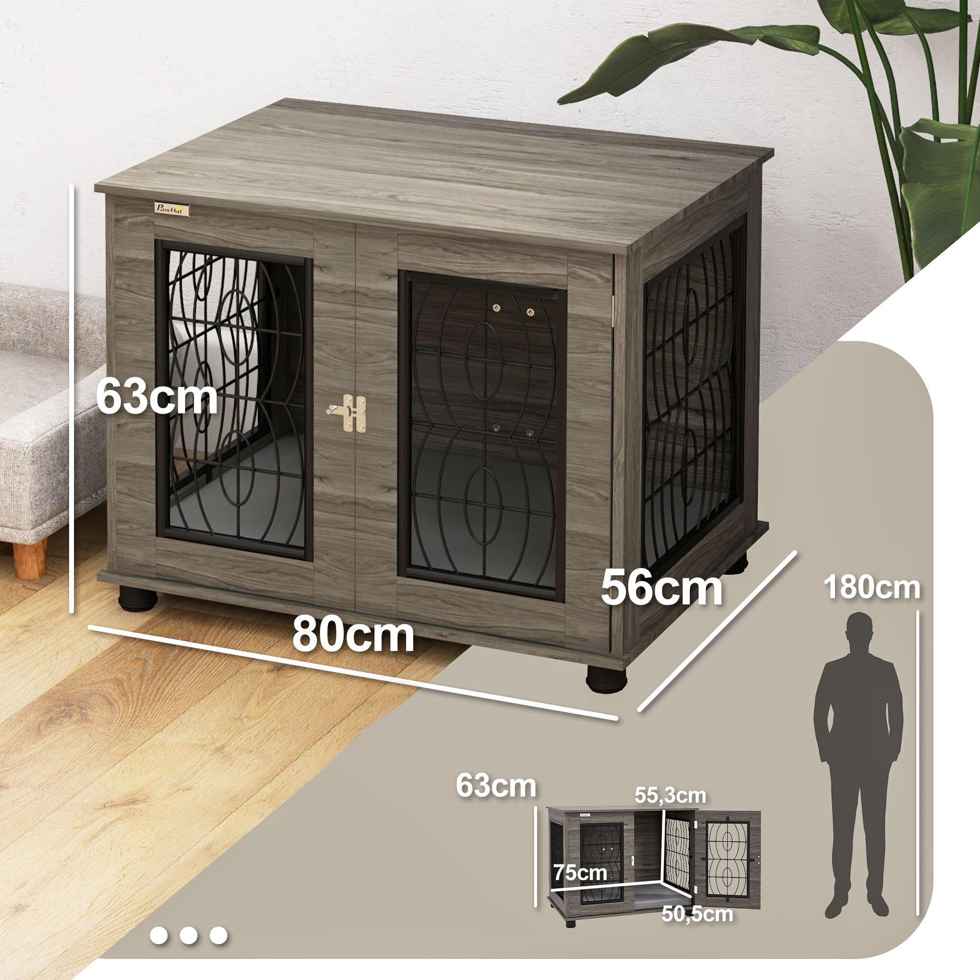 Hundebox mit Liegekissen, bis 20kg/50cm Körperlänge, Metall, 80x56x63cm, Grau/Holzdekor