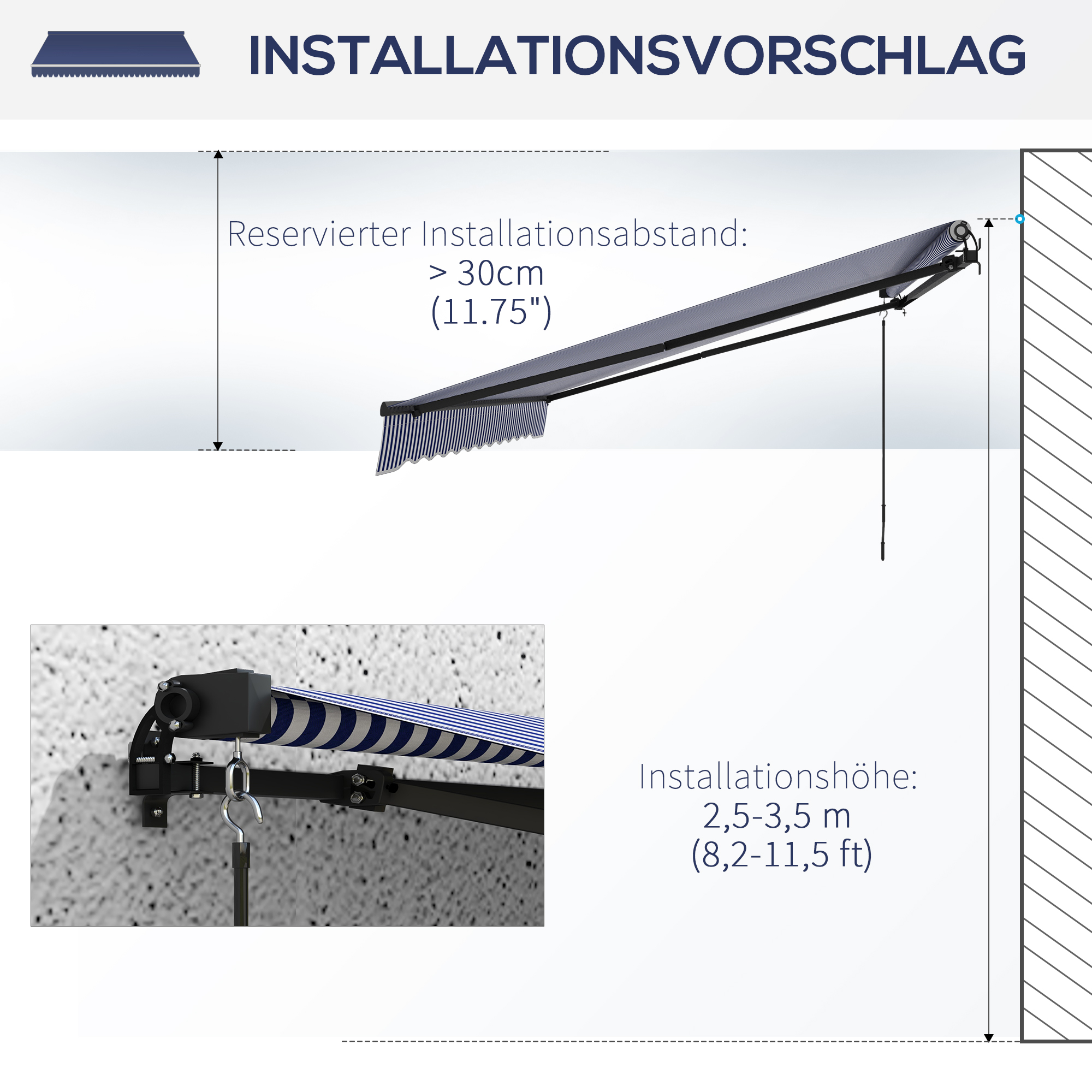 Sonnenmarkise Markise Terrassenmarkise, inkl. Handkurbel, wetterbeständig, 396 cm x 300 cm, Blau + Weiß