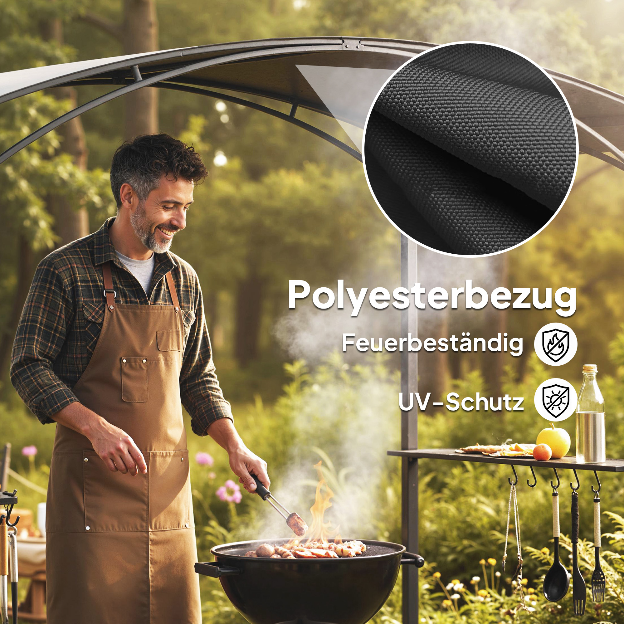 Grillpavillon 2,4 x 1,5 m flammhemmend Gartenpavillon mit Bogendach Seitenregale Haken Dunkelgrau