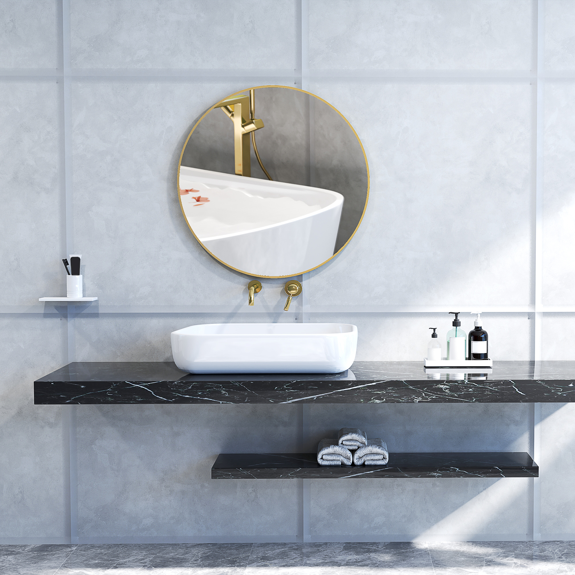 70 x 70 cm runder Badezimmerspiegel, Wandmontage, goldfarbener Rahmen