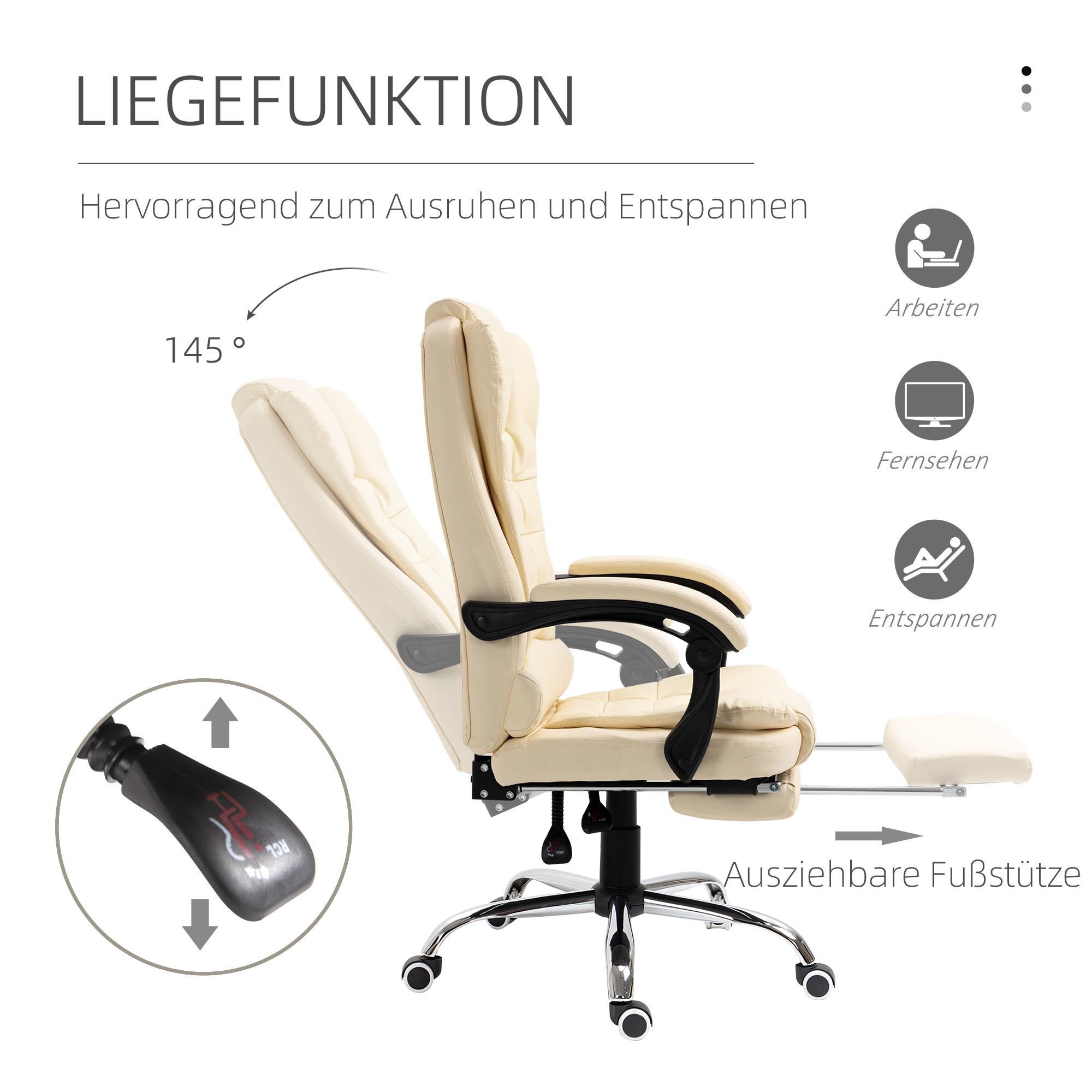 Bürostuhl mit Fußstütze, Schreibtischstuhl, verstellbare Rückenlehne, höhenverstellbar, Creme + Schwarz + Silber