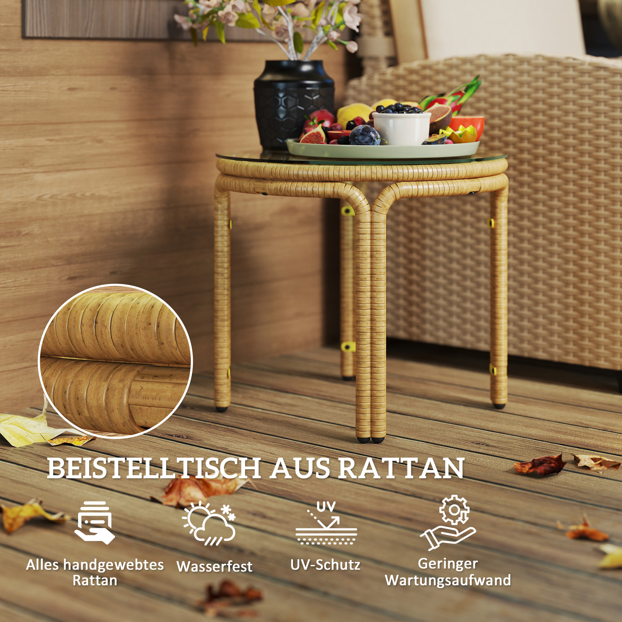 Beistelltisch aus Polyrattan runder Couchtisch mit Glas Tischplatte Nachttisch Ø50 cm Gelb