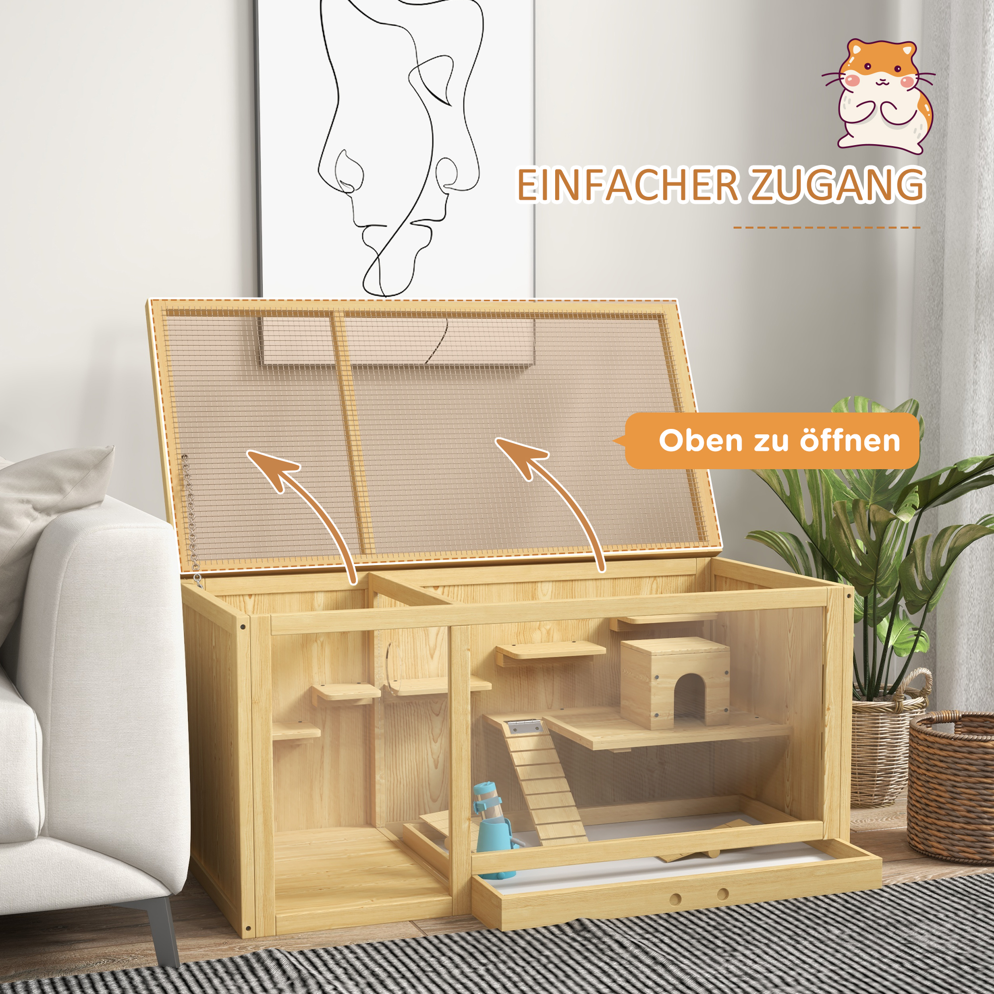 Kleintierkäfig Nagekäfig, Tannenholz, inkl. Zubehör und Tränke, 100 x 50 x 50 cm, Natur