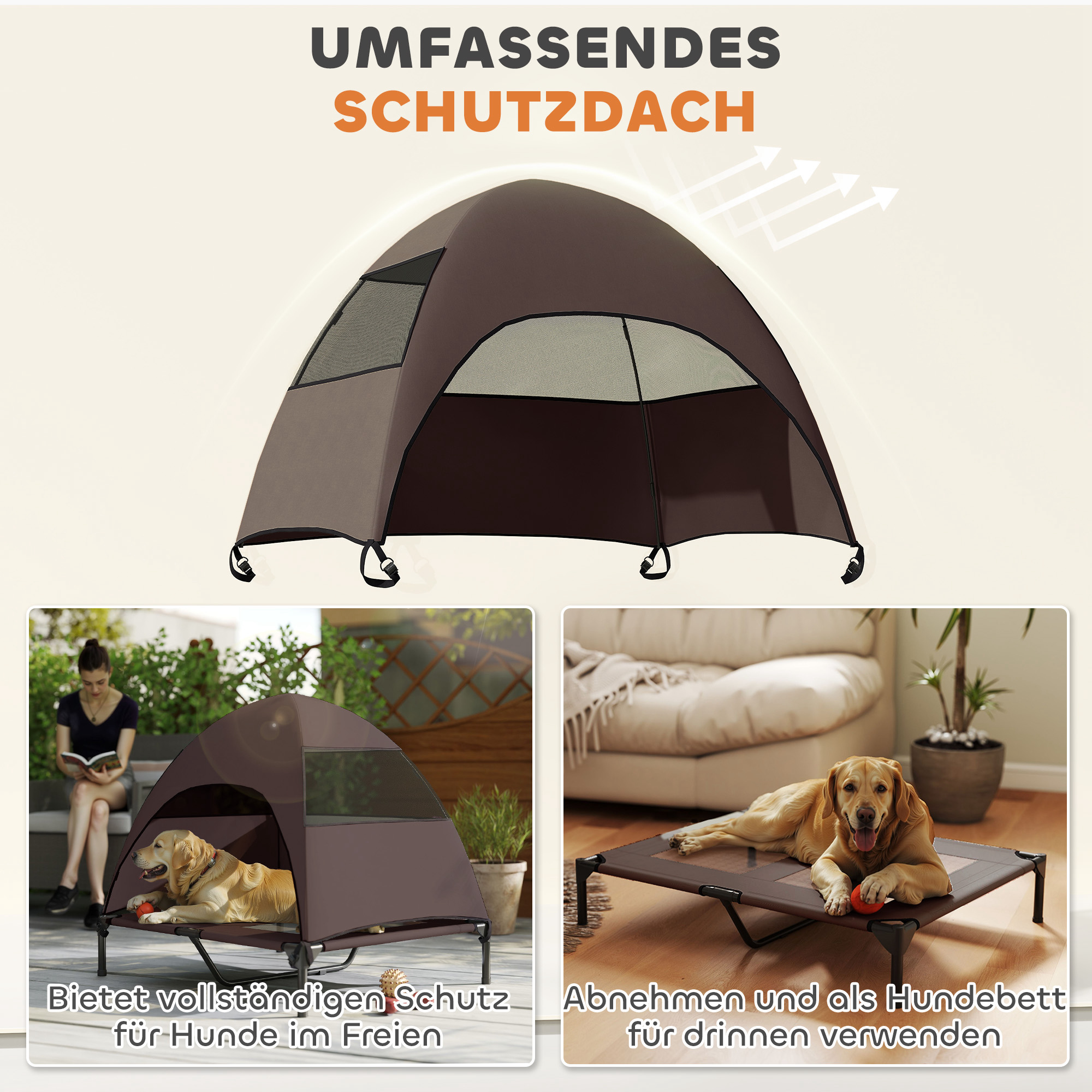 Hundeliege Outdoor mit Dach, erhöhtes Hundebett für Große Hunde, 91 x 76 x 90 cm, Kaffee