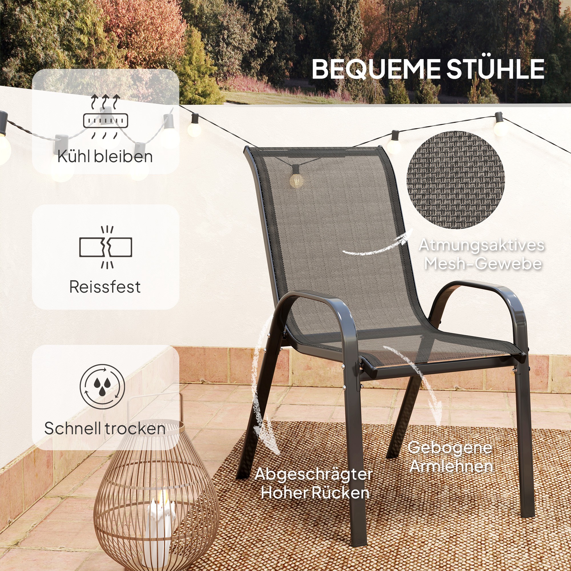 Bistro-Set 3-teilig Wetterfest Gartenmöbel Set mit Glastisch Stapelbare Gartenstühlen Schwarz