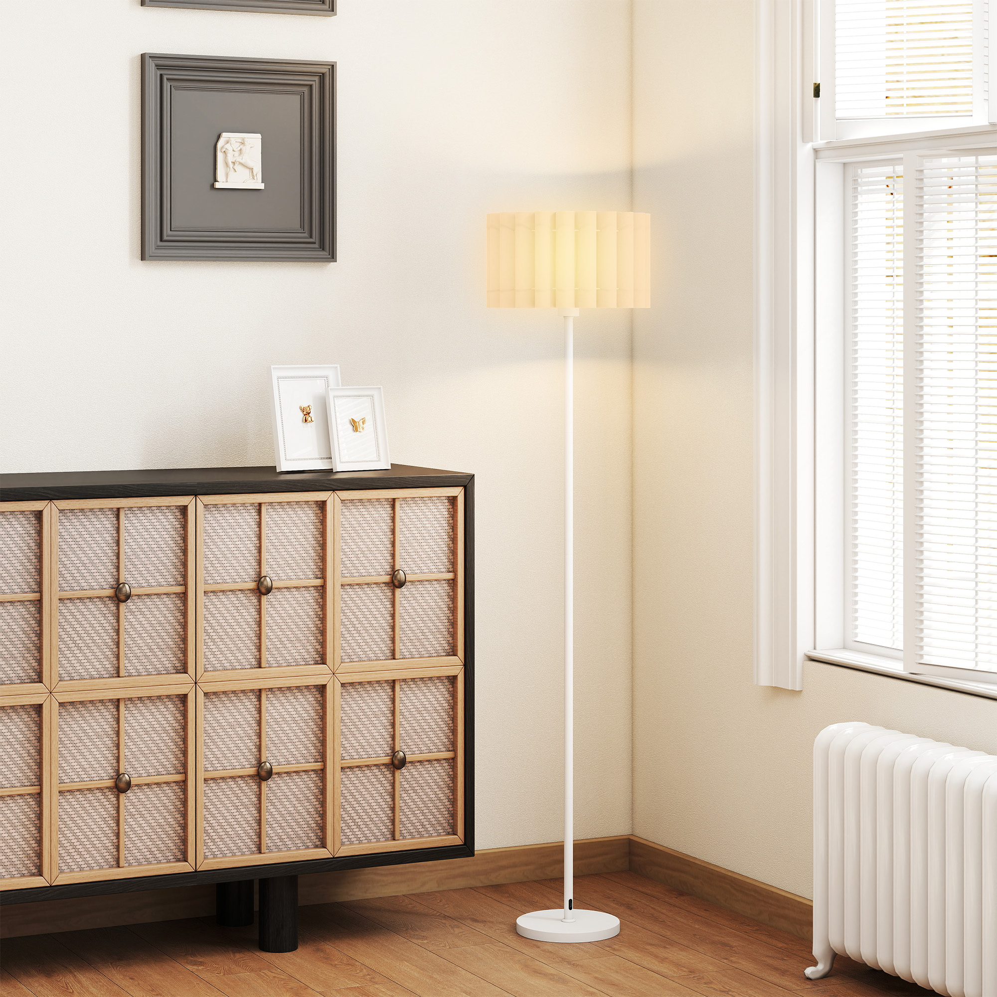 Stehlampe im Retro-Stil, Kunststoff-Lampenschirm, Fußschalter, Metallstab, Weiß