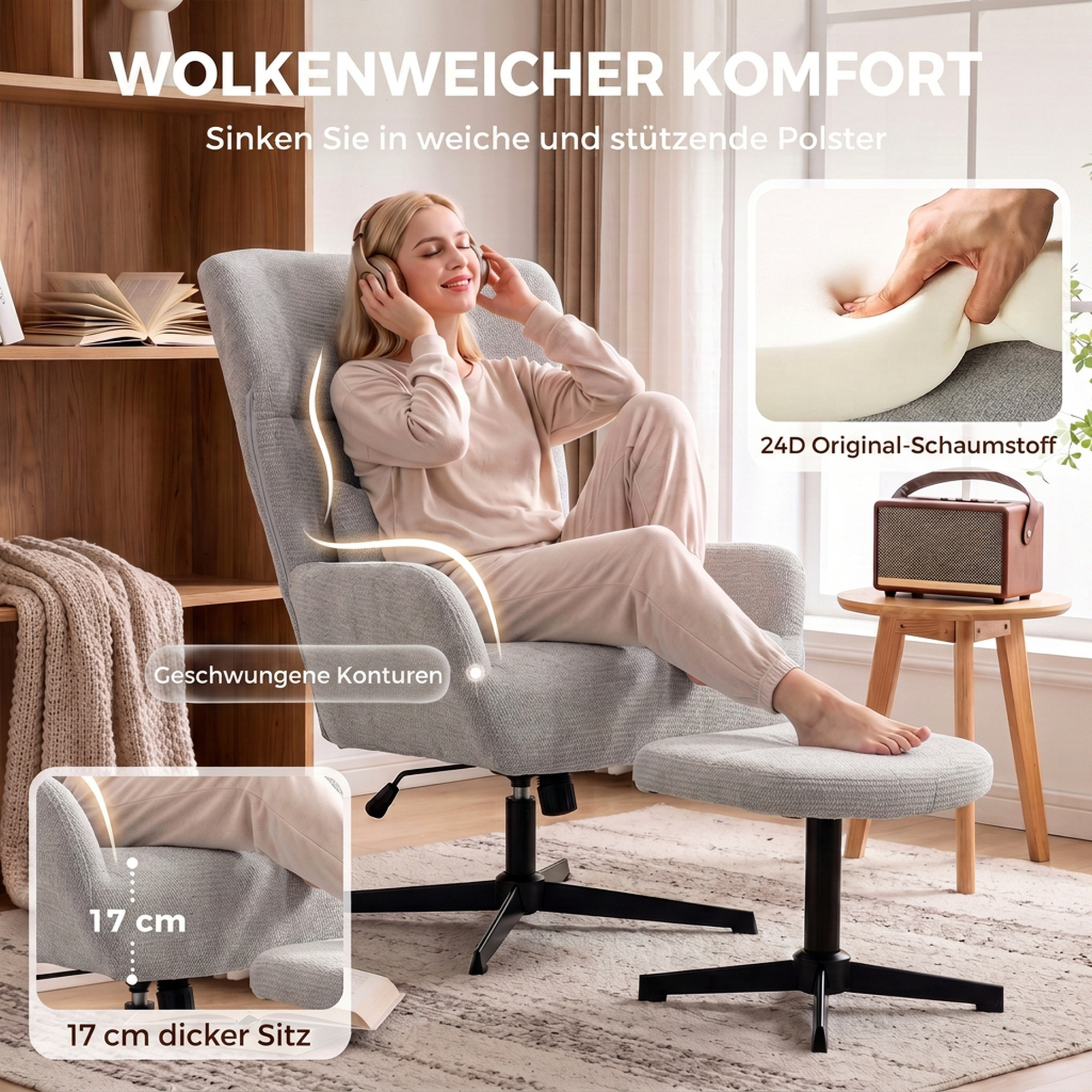 360° drehbarer Loungesessel mit Hocker, höhenverstellbar, Chenille-Bezug, mit Lendenkissen, Cremeweiß