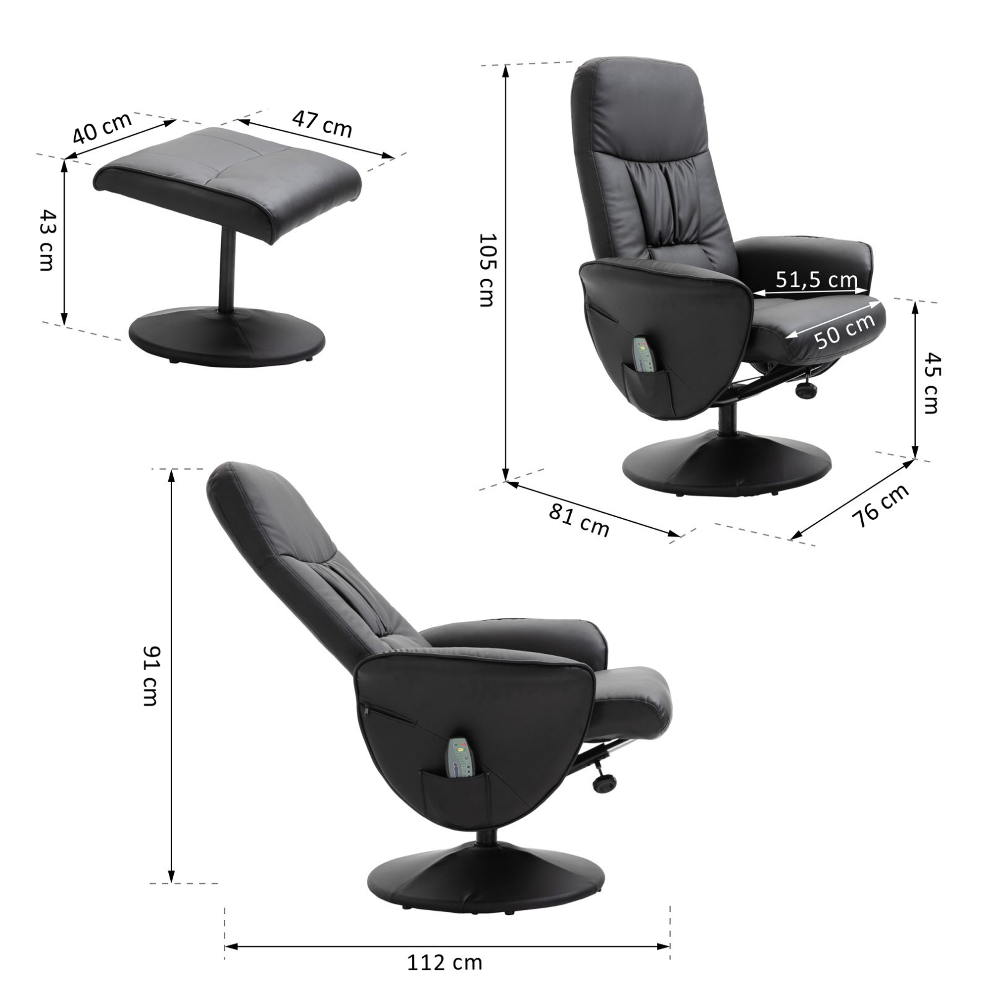 Relaxsessel mit Fußhocker, Massagesessel mit Liegefunktion, 10 Massagepunkte, Drehbarer Fernsehsessel mit Seitentasche, Fernbedienung, Kunstleder, Schwarz