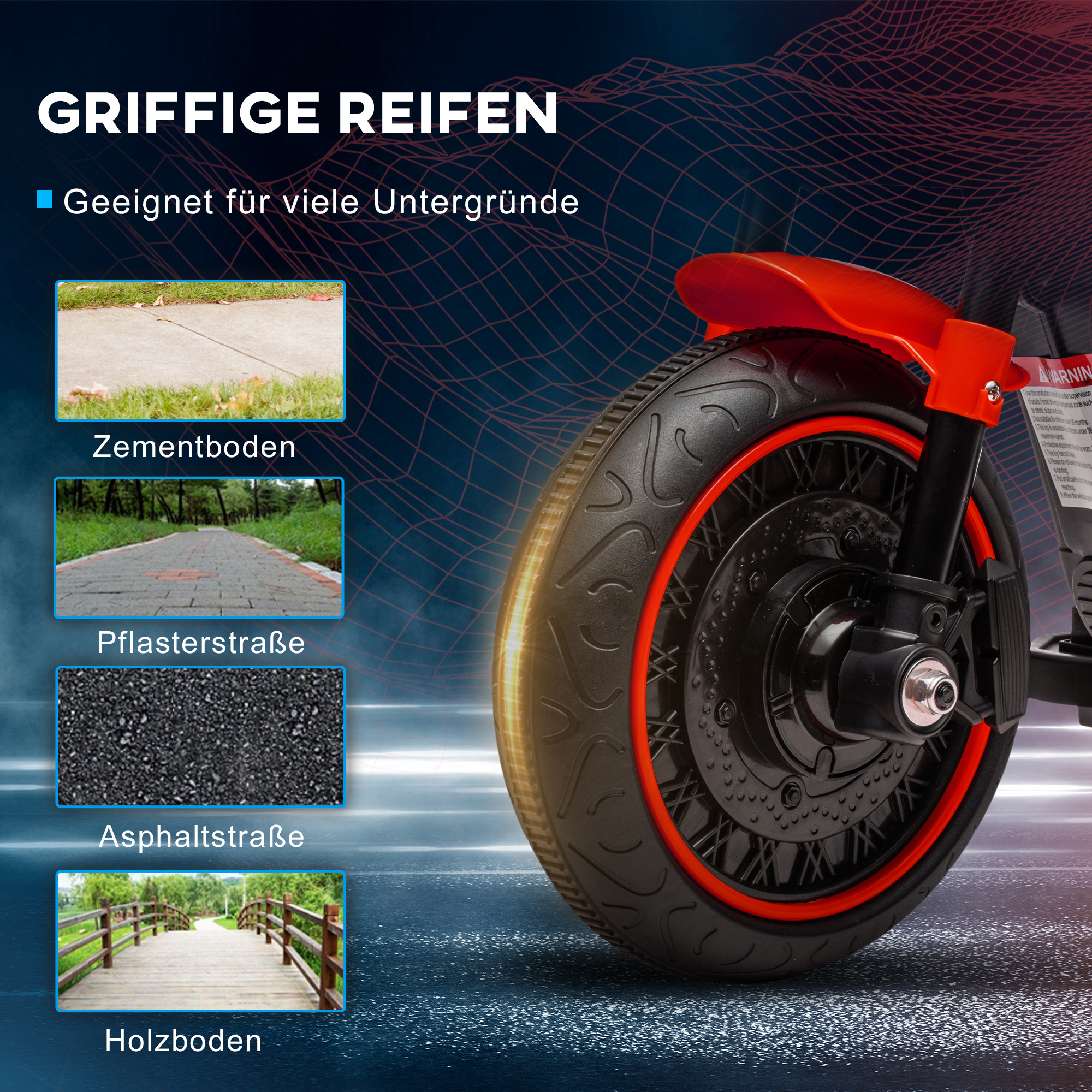 Elektro-Kindermotorrad mit Scheinwerfer, abnehmbare Stützräder, 76x42x57 cm, Rot/Schwarz