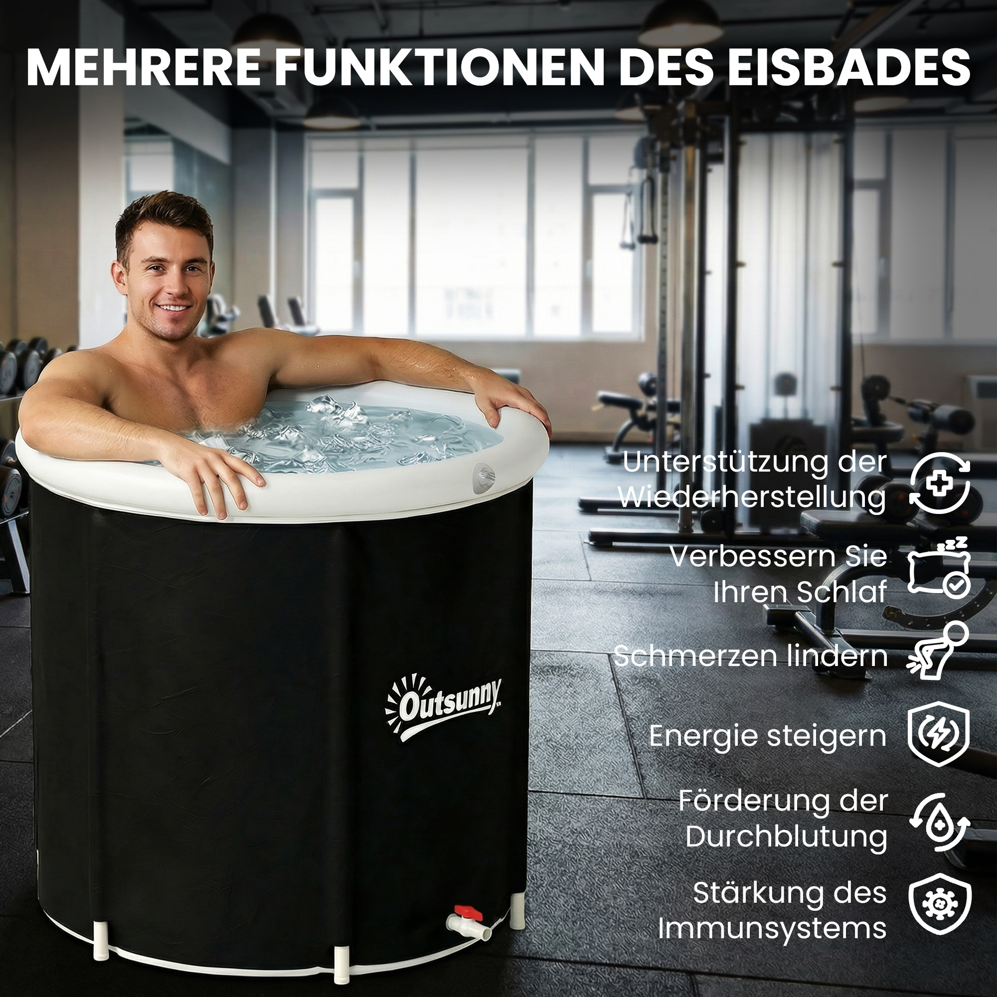 Eisbad Ø78 cm faltbare Eisbadewanne aufblasbare tragbare Eistonne 280L mit 3 Isolierschichten Abdeckung, Schwarz