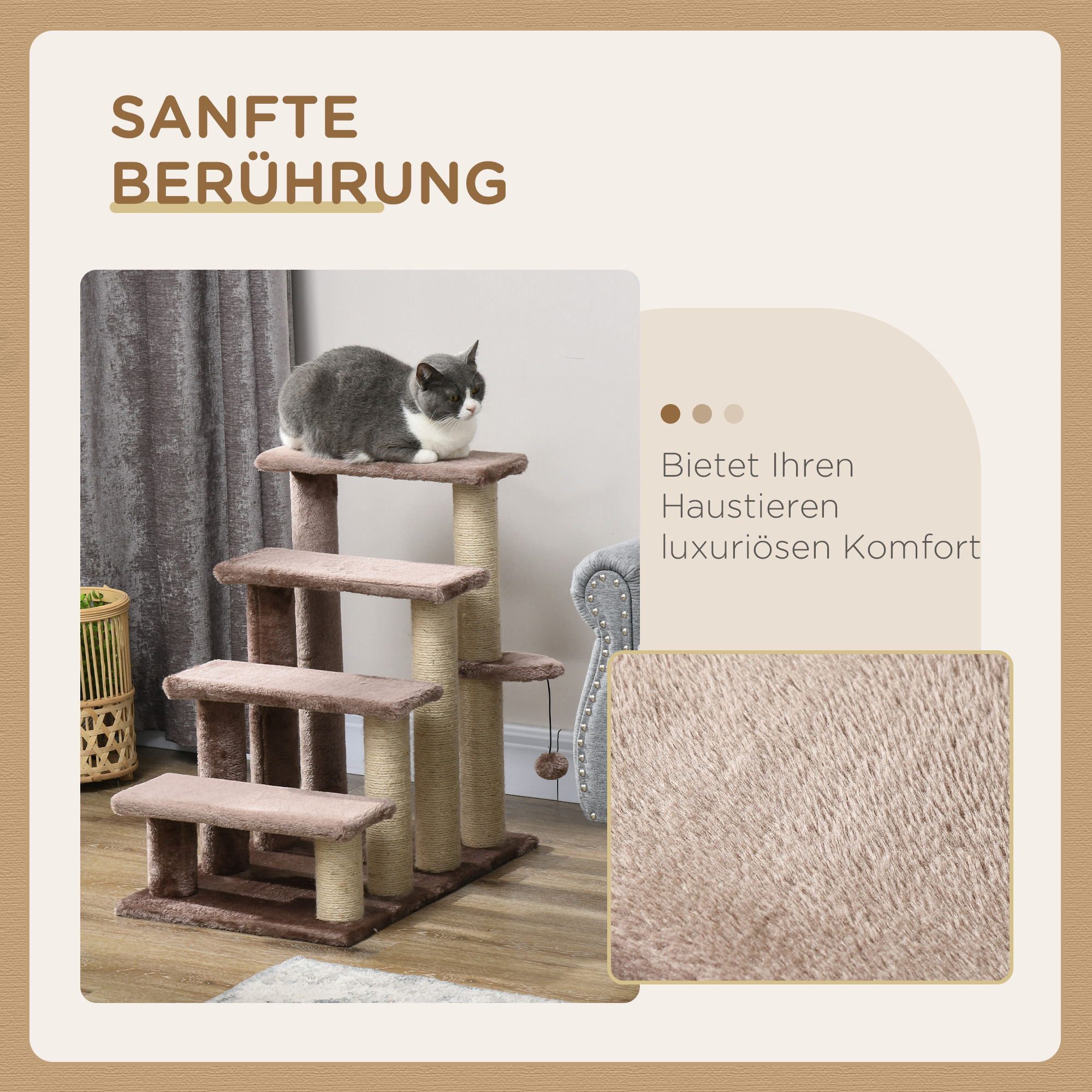 Haustiertreppe, Kratzbaum, 4-stufig, für Tiere bis 5 kg, 60x40x64cm, Braun