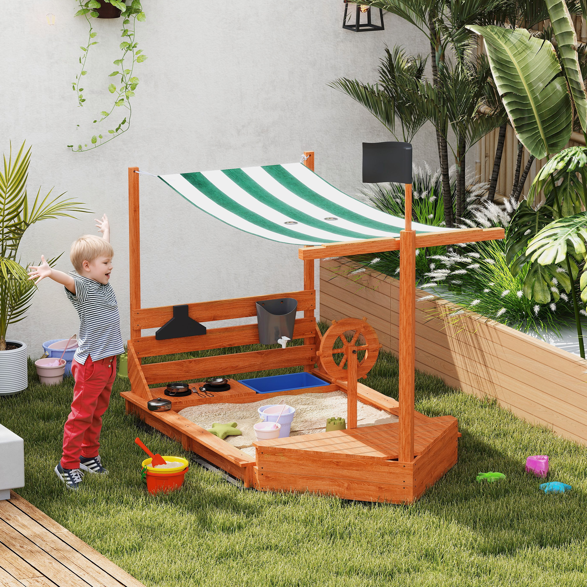 Sandkasten mit Sonnendach Piratenschiff, inkl. Kinderküchenspielset, Massivholz, 180 x 103 x 144,5 cm, Grün