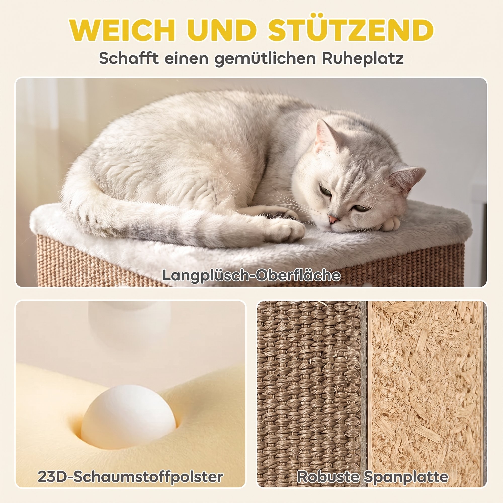 3-stöckige Katzentonne für drinnen, halbgeschlossene Katzenhöhle mit Kratzflächen rundum, 2 Katzenhöhlen