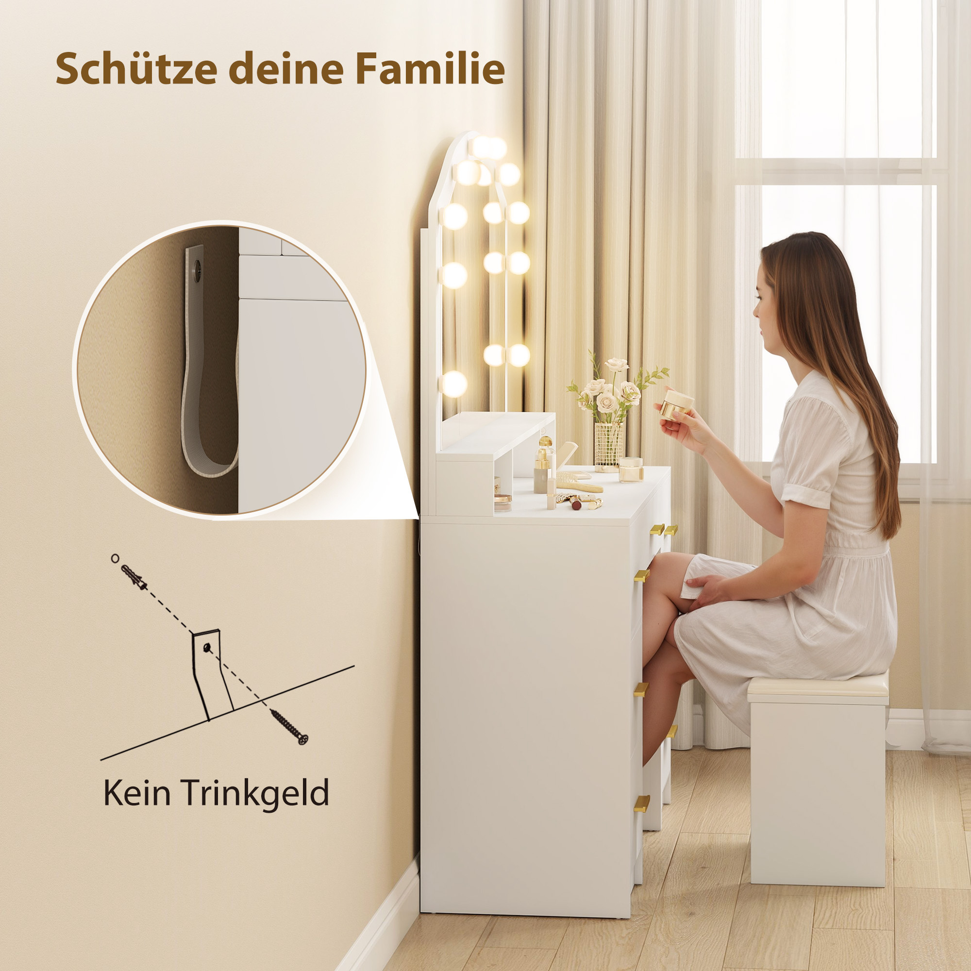 Schminktisch mit 10 LED-Hollywood-Lampen, Spiegel, 7 Schubladen, 3 Fächer, MDF, Weiß