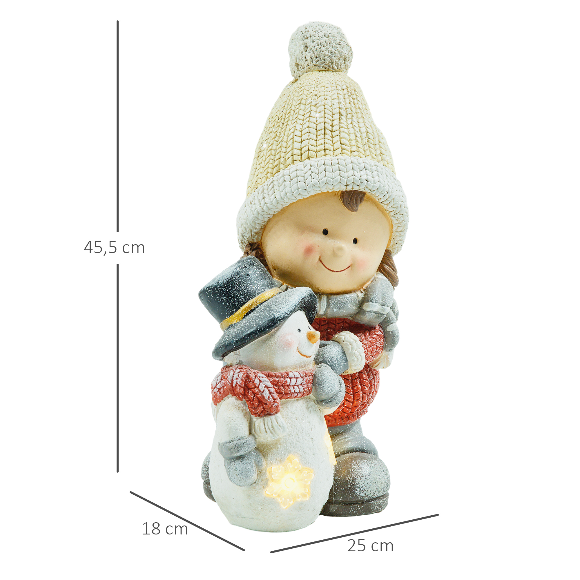 Wichtel mit Schneemann, Gartenzwerg, 4 LEDs, batteriebetrieben, 25 x 18 x 45,5 cm