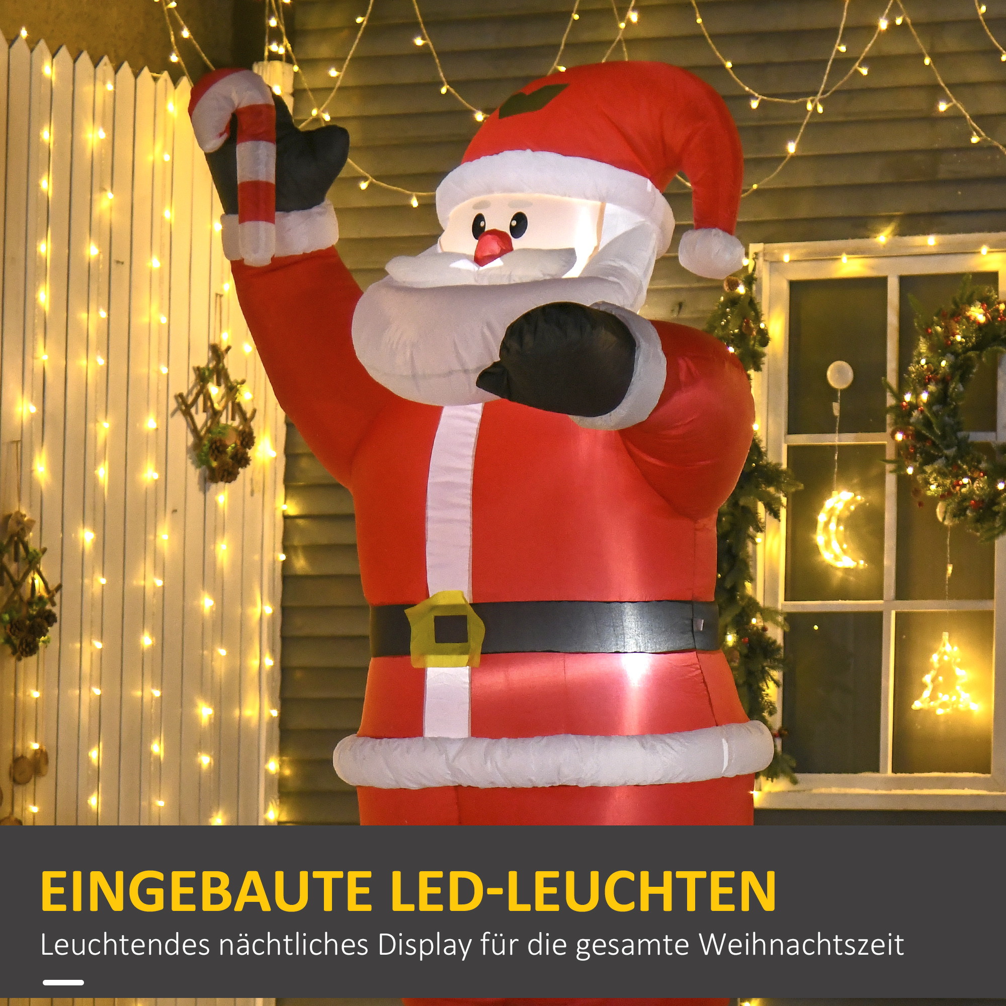 Aufblasbar Weihnachtsdeko, 2,4 m Weihnachtsmann mit LED-Beleuchtung, Zuckerstange