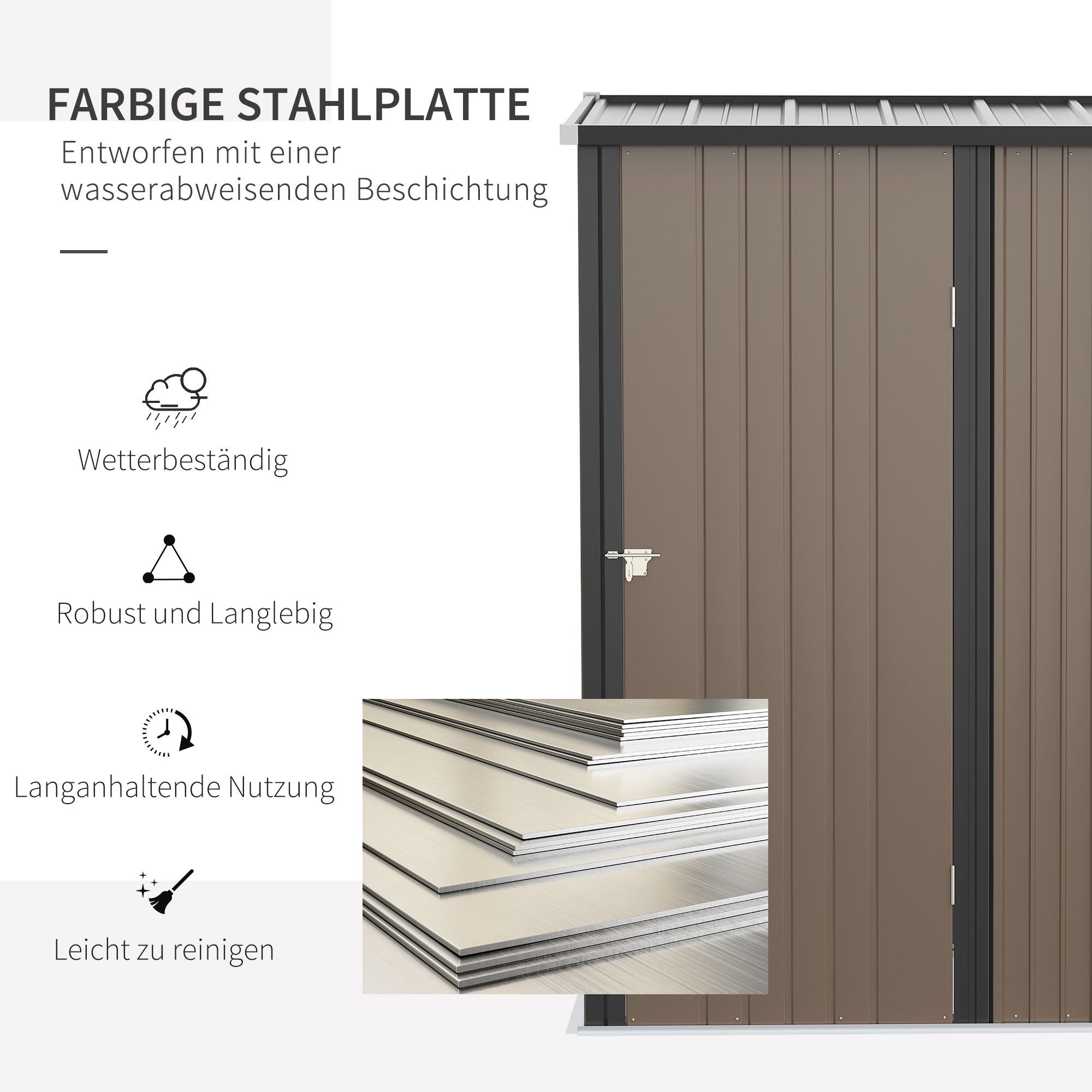 Gerätehaus 1,34 m² Geräteschrank mit Pultdach abschließbar Gartenhaus Geräteschuppen aus verzinkter Stahl 161,5 x 94,5 x 196 cm Braun