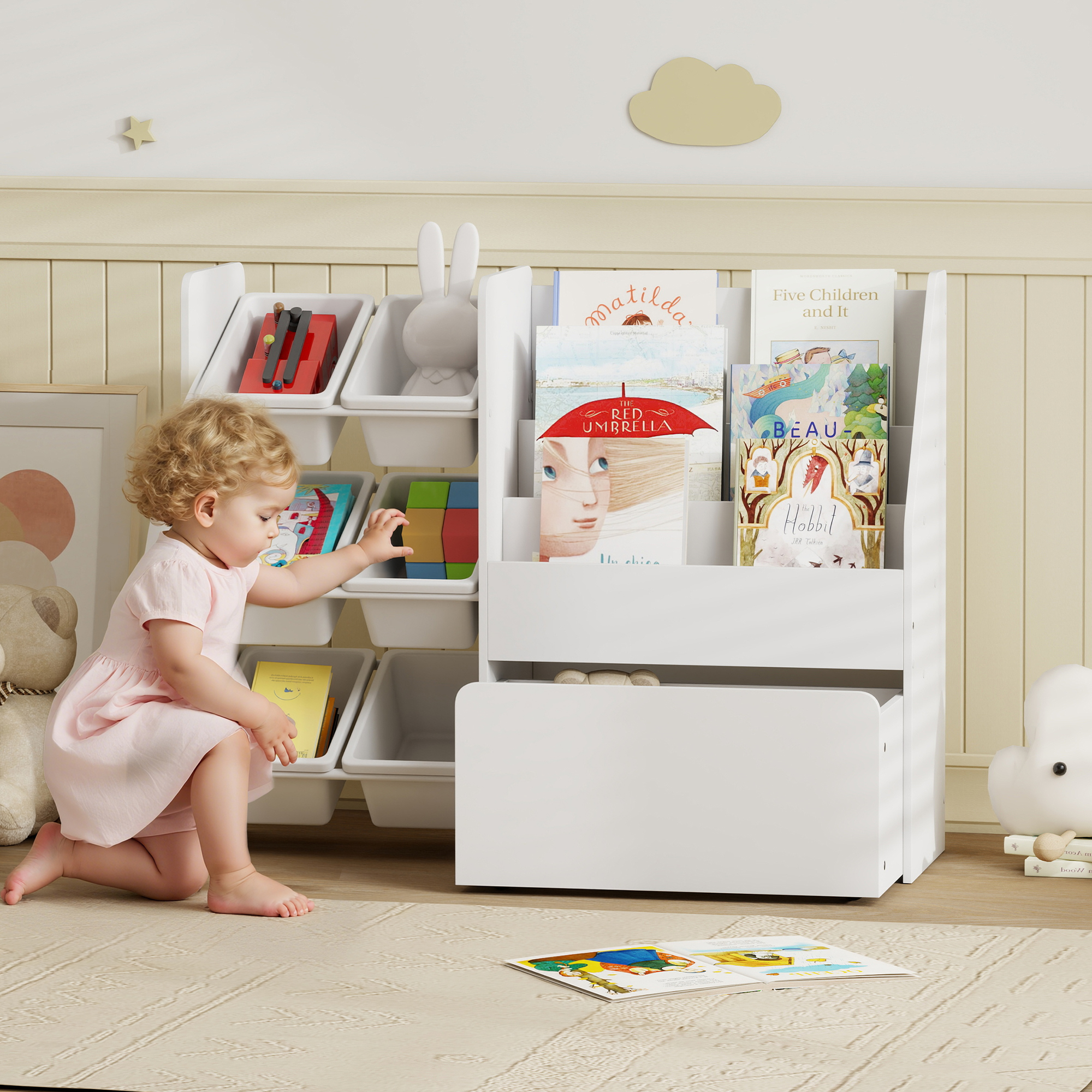 Spielzeugregal, Kinderzimmerregal mit 6 Behälter, Bücherablage, rollbare Box, 100 x 30 x 80 cm, MDF, Stahl, Weiß