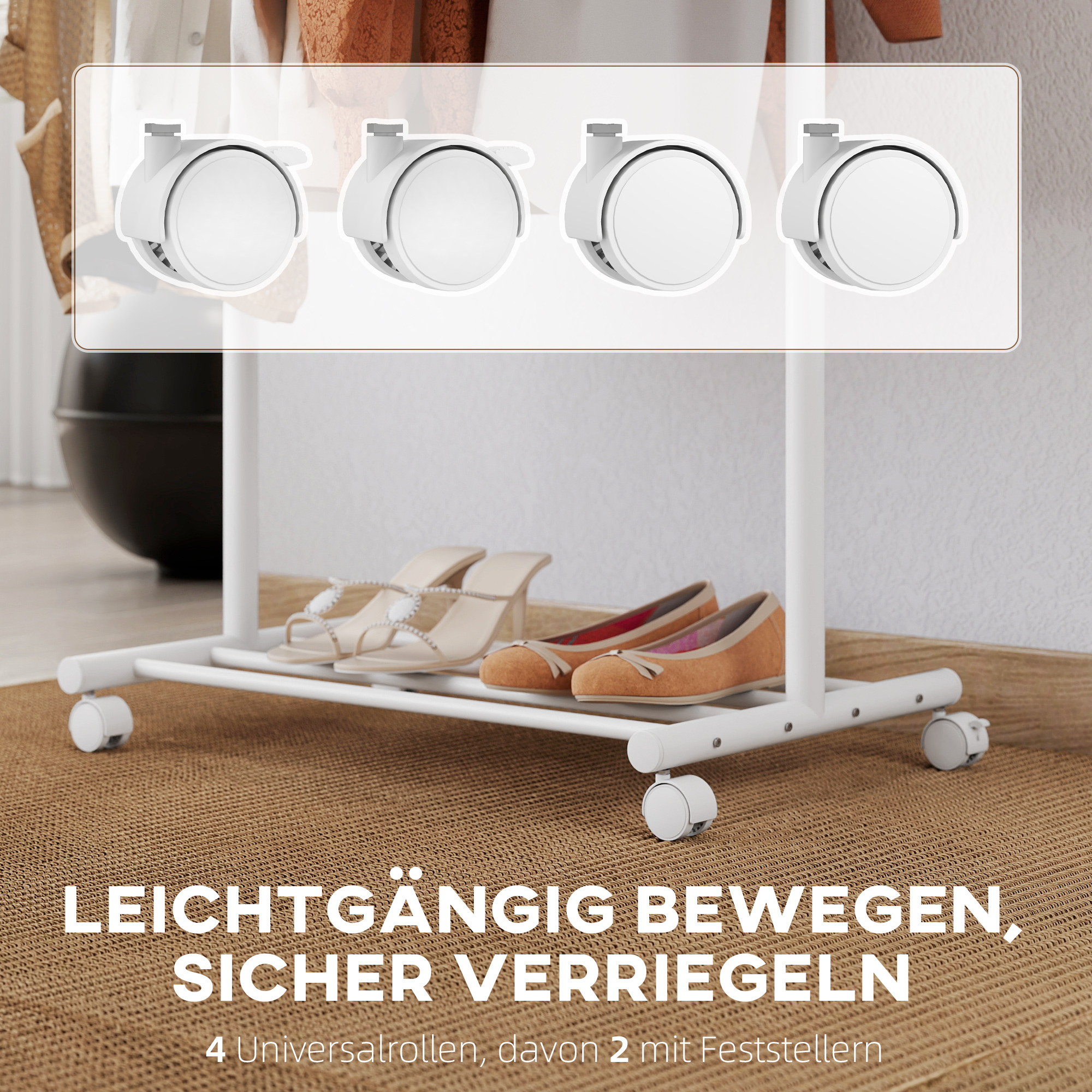 Kleiderständer mit Rolle, mobiler Garderobenständer mit Kleiderstange, 5 Haken, Schuhregal Weiß