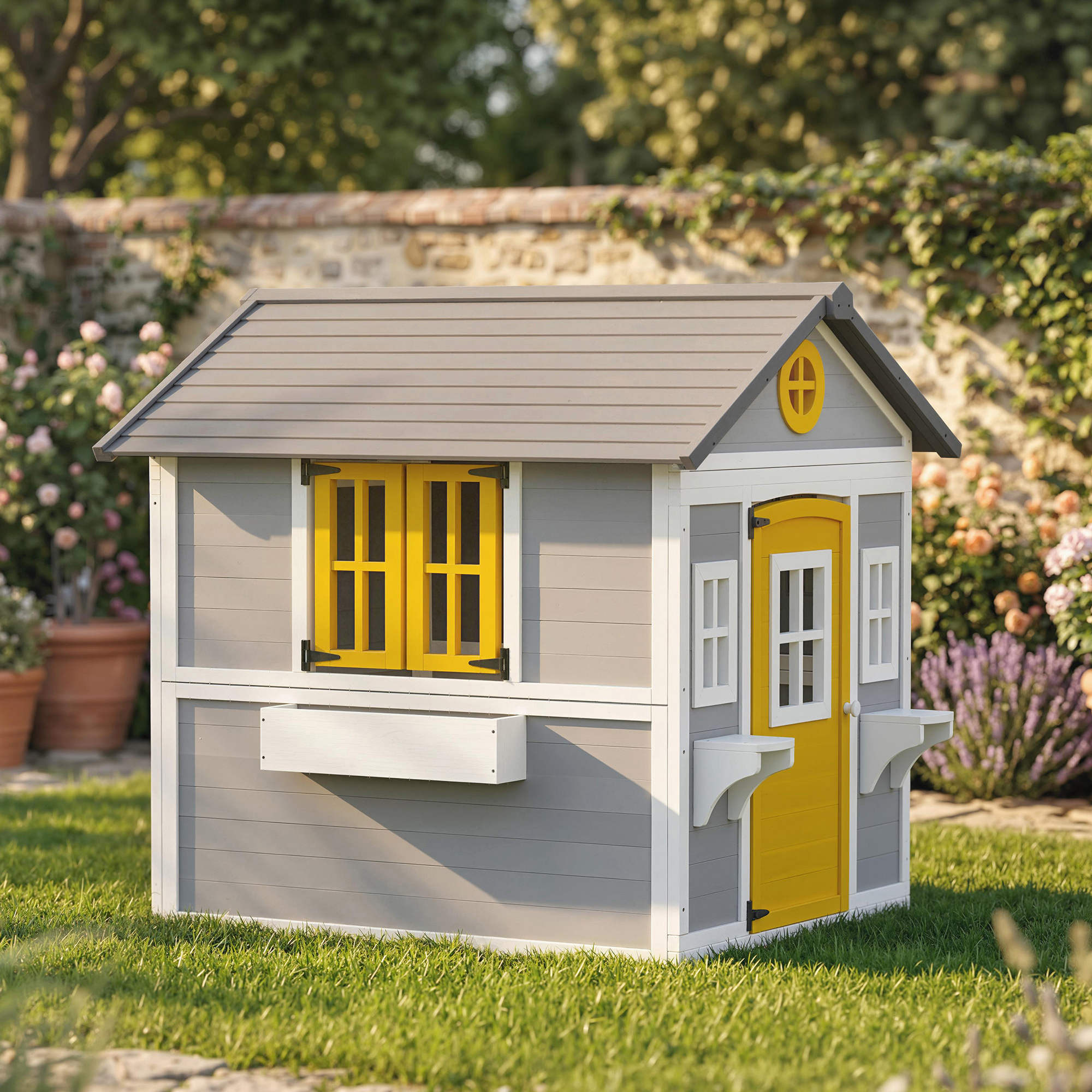 Spielhaus Wetterfestes Kinderspielhaus aus Holz mit Tür 6 Fenster 2 Blumenkästen 2 Blumenständern für 3-8 Jahre Grau