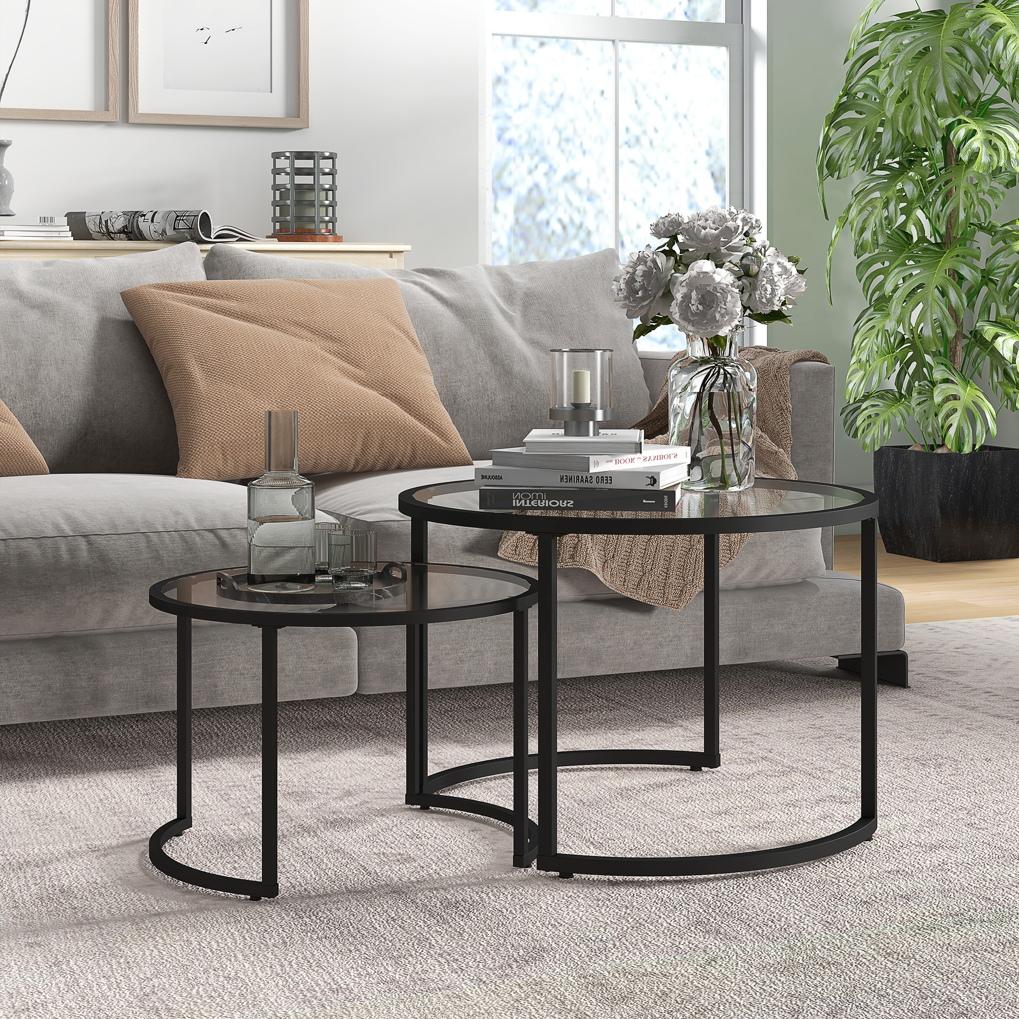 2er-Set Beistelltische Couchtische Industrie-Design, Glastische, stapelbar, Schwarz + Transparent