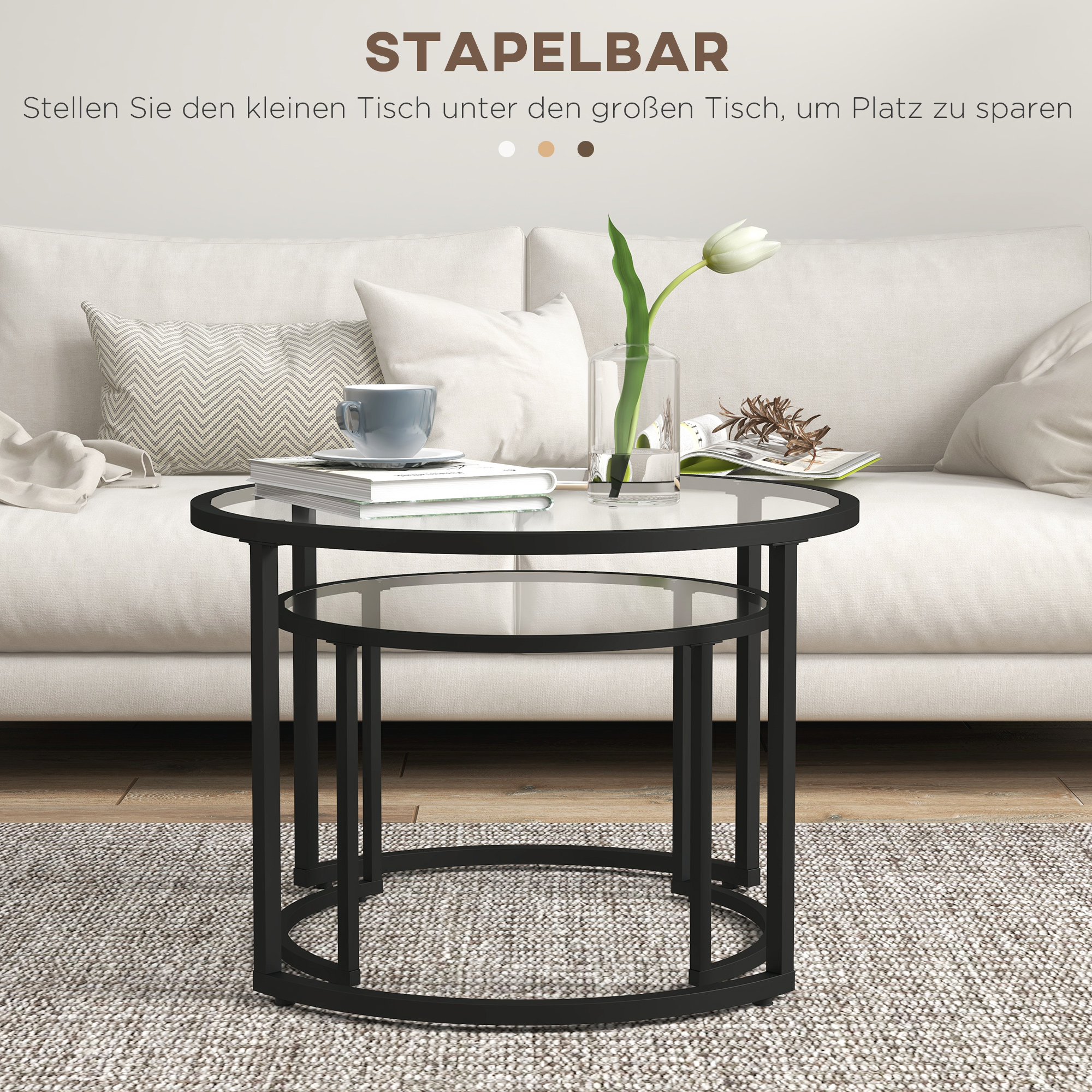 2er-Set Beistelltische Couchtische Industrie-Design, Glastische, stapelbar, Schwarz + Transparent