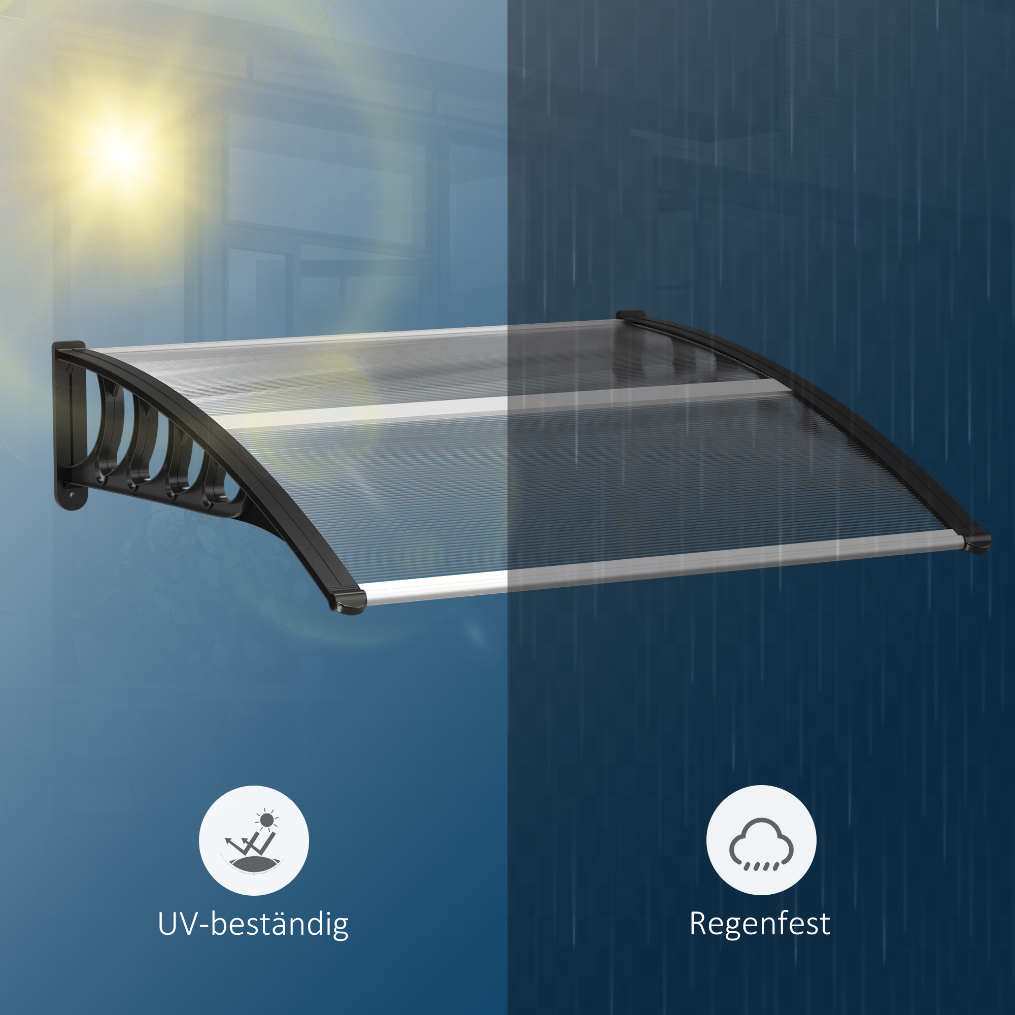 Vordach für Haustür/Fenster, wetterfest, transparent, Aluminium-Verbindungstangen/Polycarbonat, 103x96,5x27cm, Schwarz
