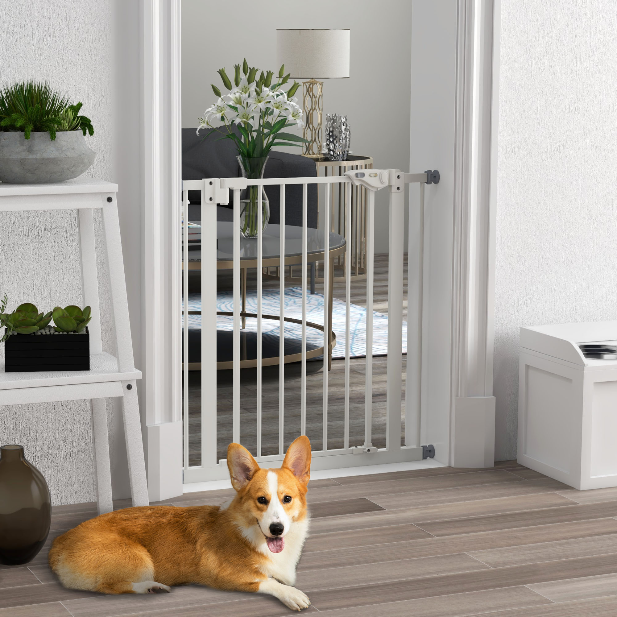 Türschutzgitter für Hunde, Absperrgitter, Schutzgitter für Haustiere, Metall, Kunststoff, 74-80 cm, Weiß