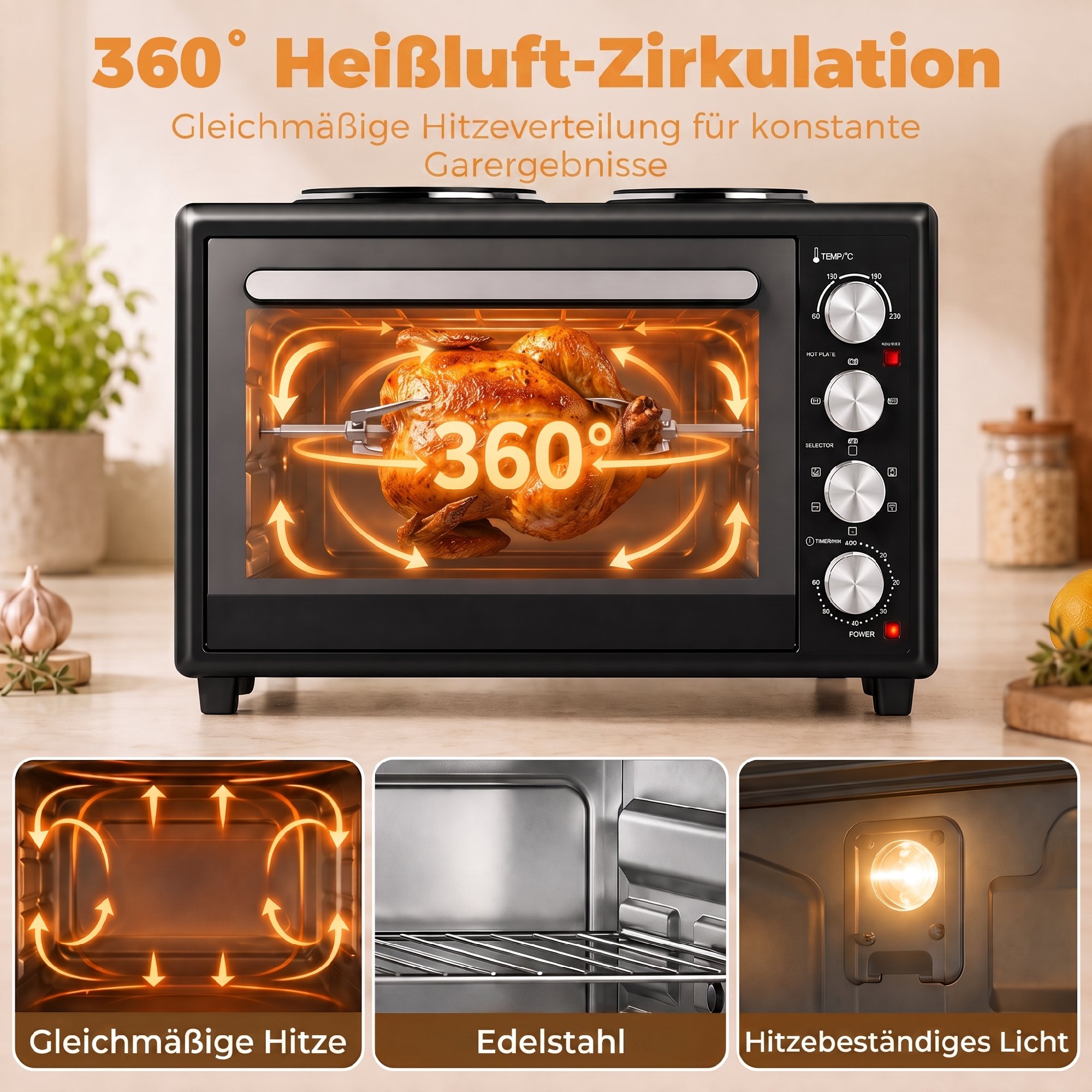 36L Mini-Backofen mit 2 Kochplatten, elektrischer Tischbackofen mit Umluft, 90–230 °C