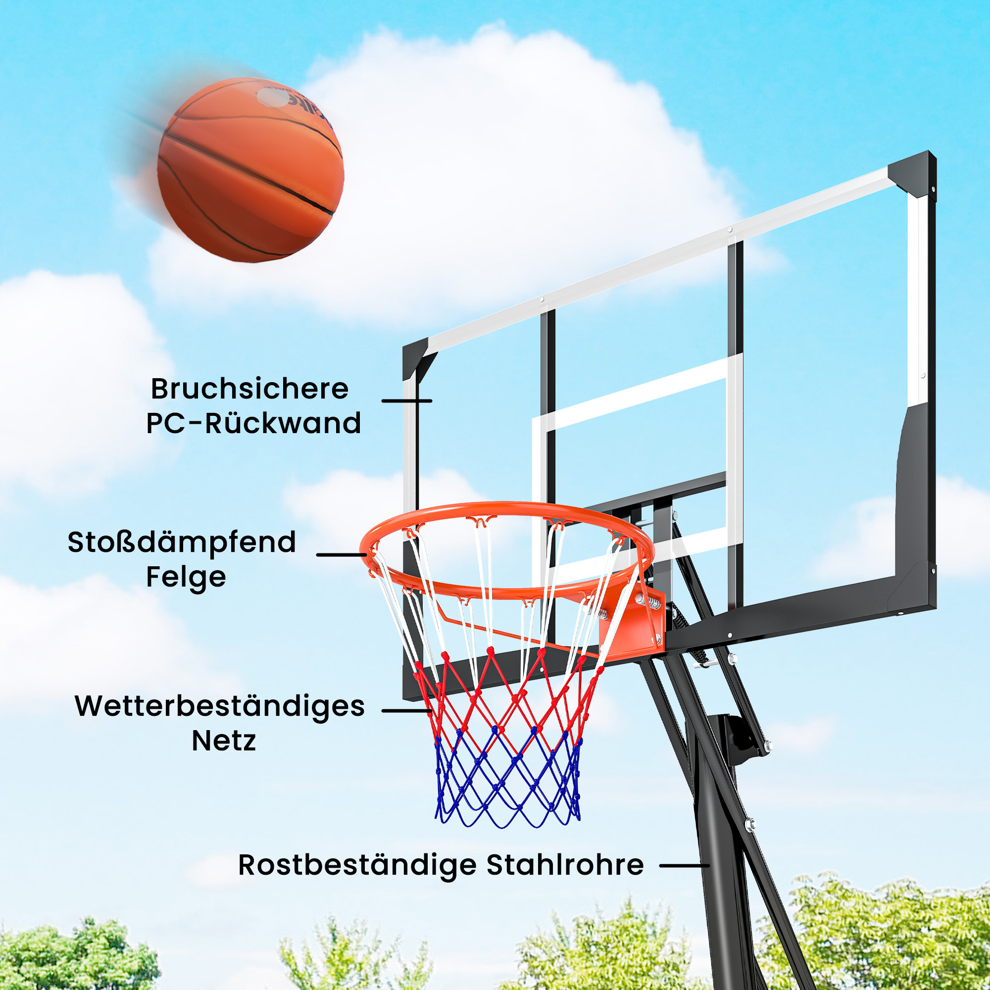 Mobiler Basketballkorb, höhenverstellbar von 2,45-3,05 m, bruchsicheres Backboard, Handkurbel-Höhenverstellung