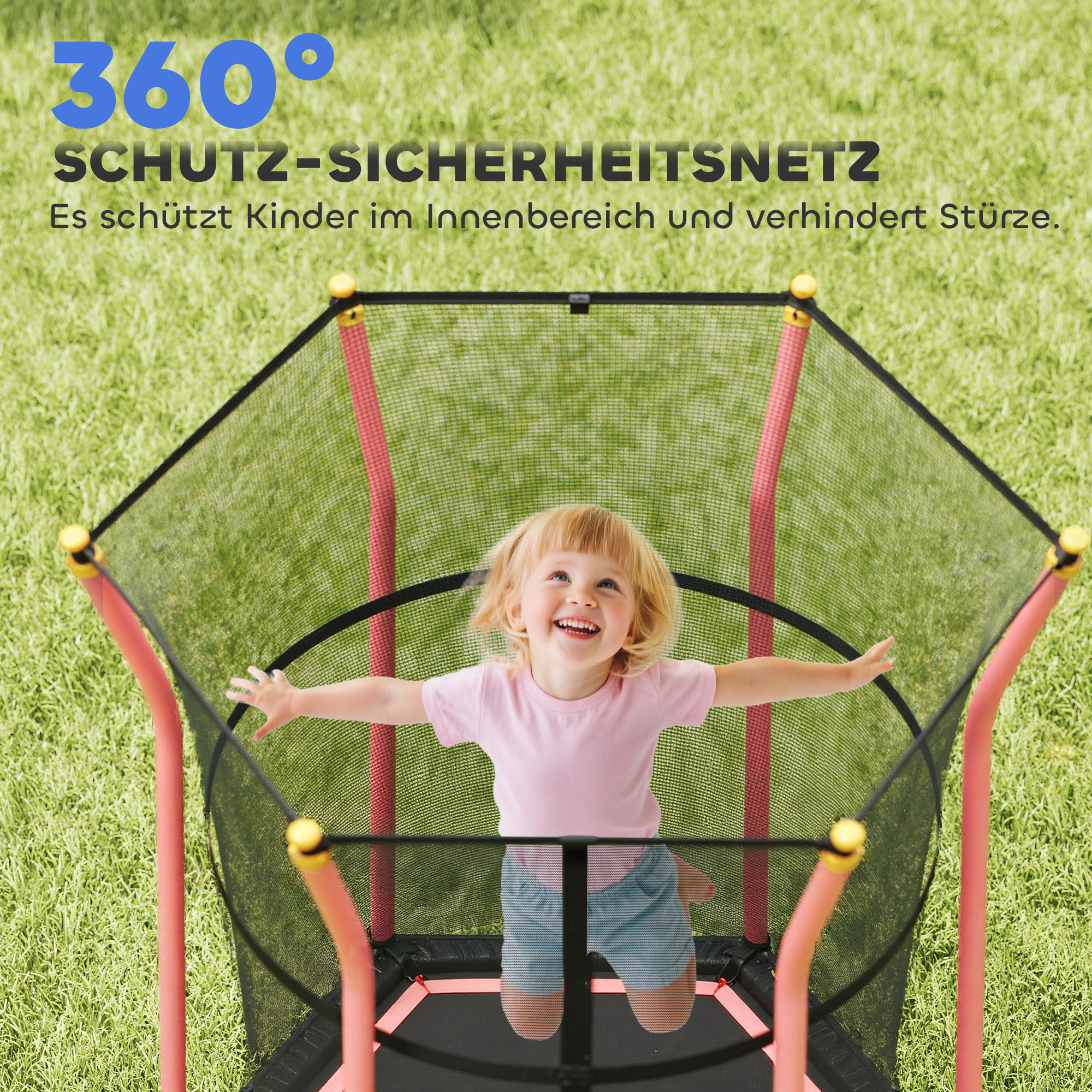 Trampolin für Kinder, Ø163,5 cm, mit Sicherheitsnetz, gepolstert, Stahl, belastbar bis 50 kg, Schwarz & Rot