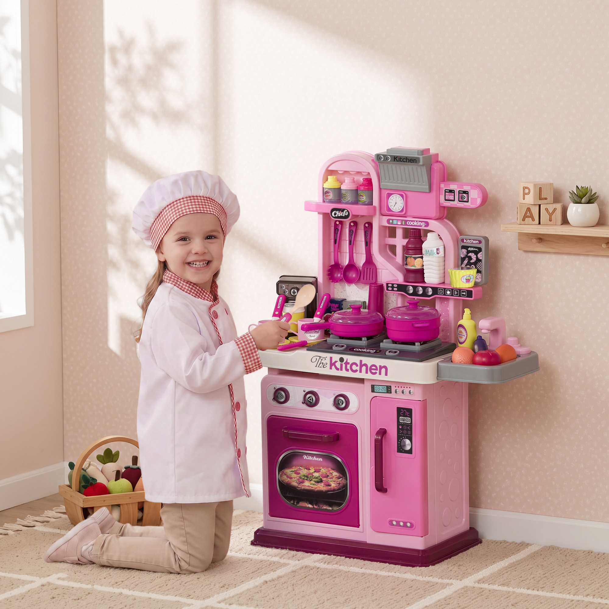 Spielküche, 33-teiliges Set, Licht- & Soundeffekte, für Kinder 3-6 Jahre, Pink