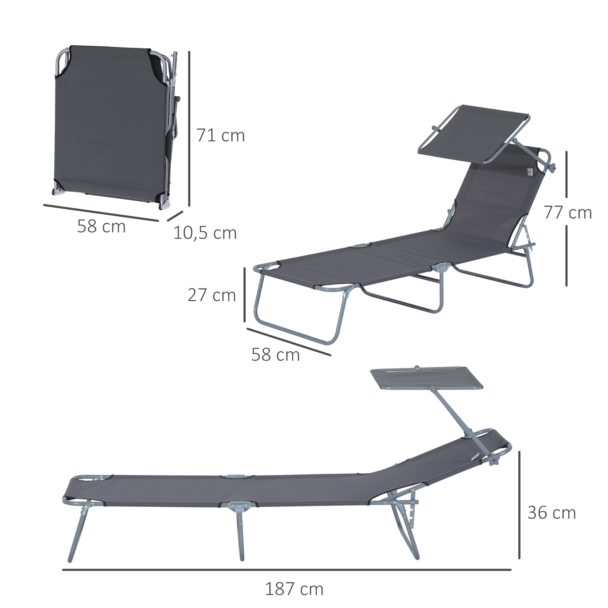 Sonnenliege klappbar Gartenliege mit Sonnenschutz Wellnessliege mit 4-Fach verstellbare Rückenlehne Strandliege bis 120kg belastbar für Garten, Balkon und Pool geeignet, 6 Farben(Grau )