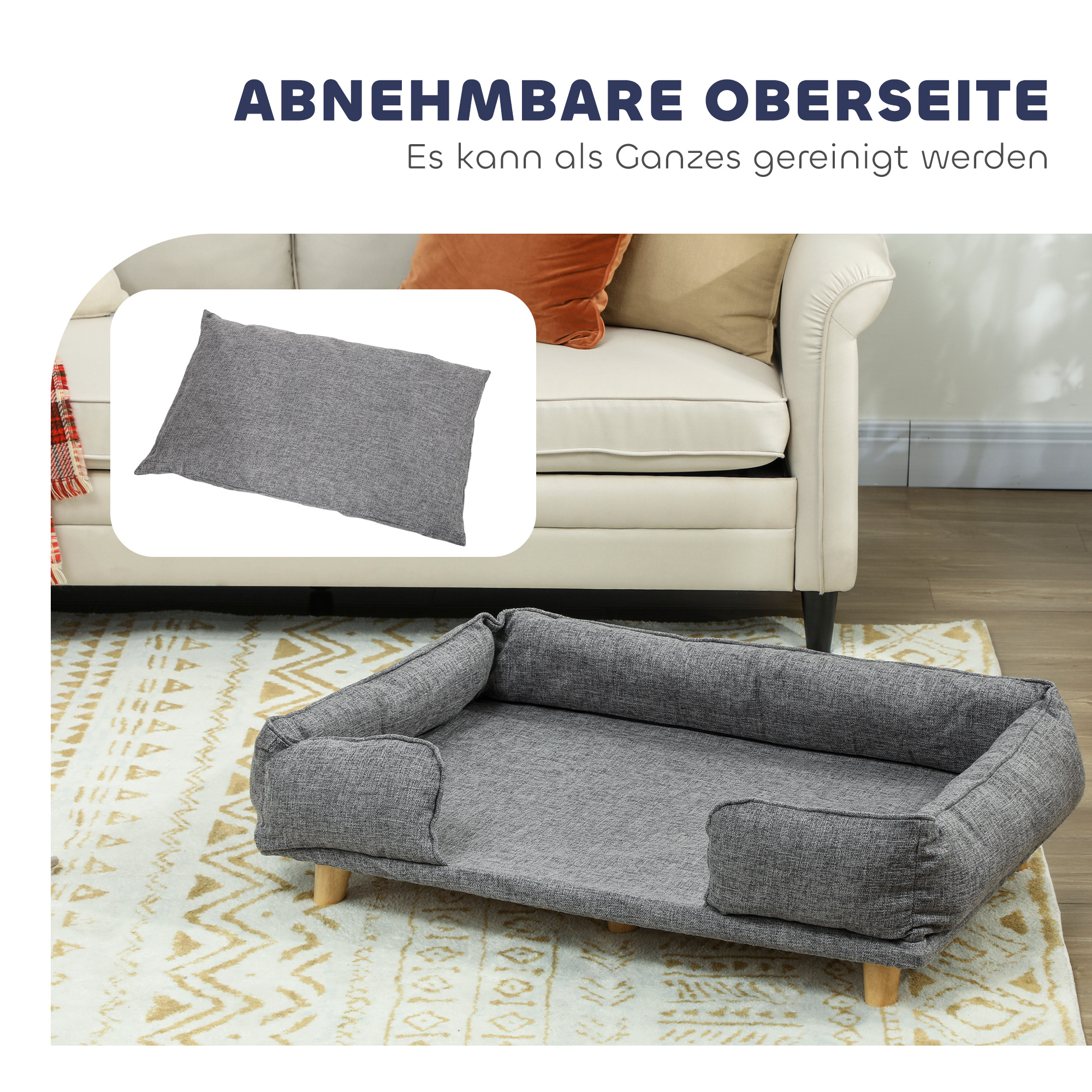 Hundesofa, Haustiersofa, Haustierbett, abnehmbares u. waschbares Polster, Natur+ Dunkelgrau