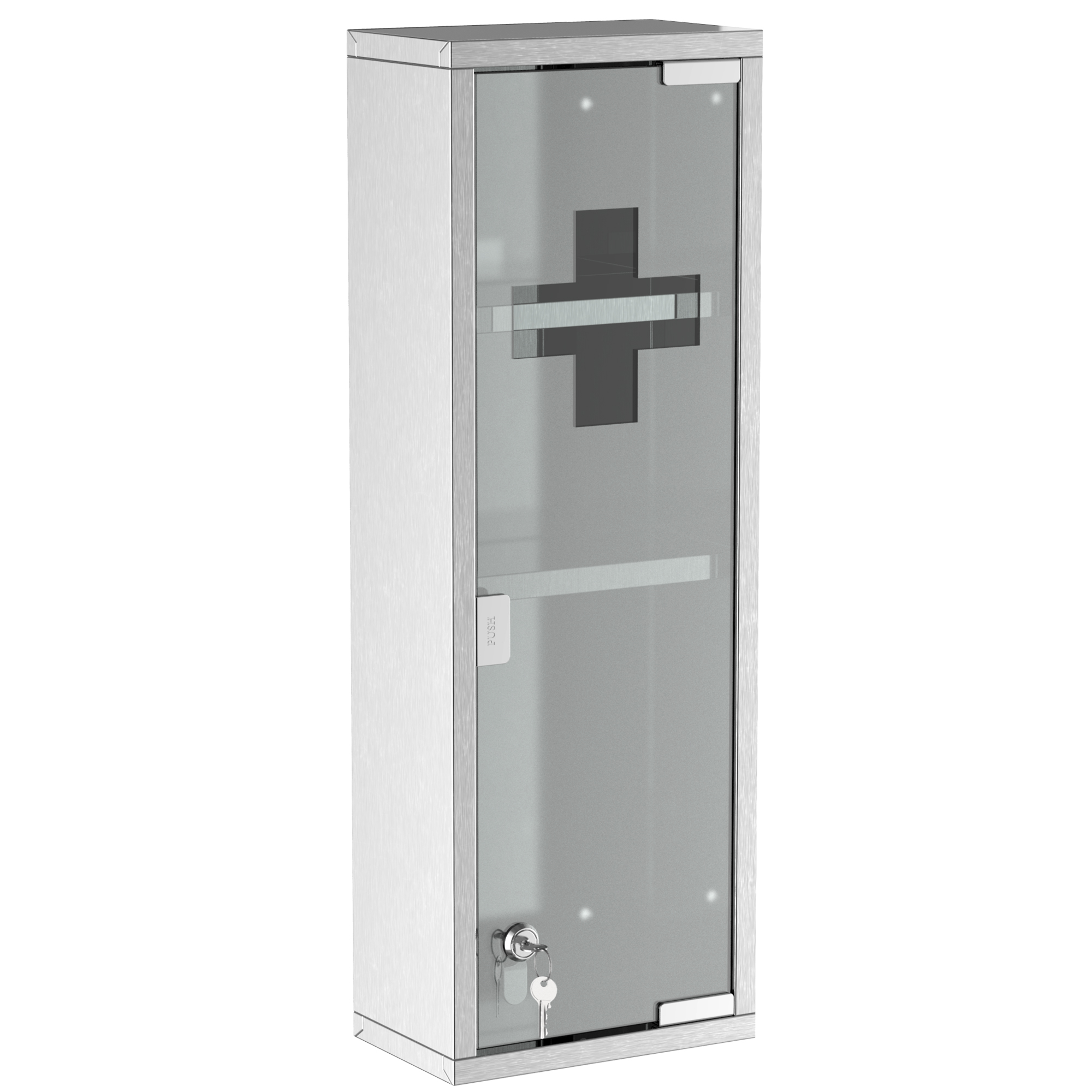 Medizinschrank aus Edelstahl und gehärtete Glastür Arzneischrank zur Medikamenten-Aufbewahrung, Abschließbar Medikamentenschrank mit 3 Fächern, Erste Hilfe Schrank, 20 x 12 x 58 cm, Silber