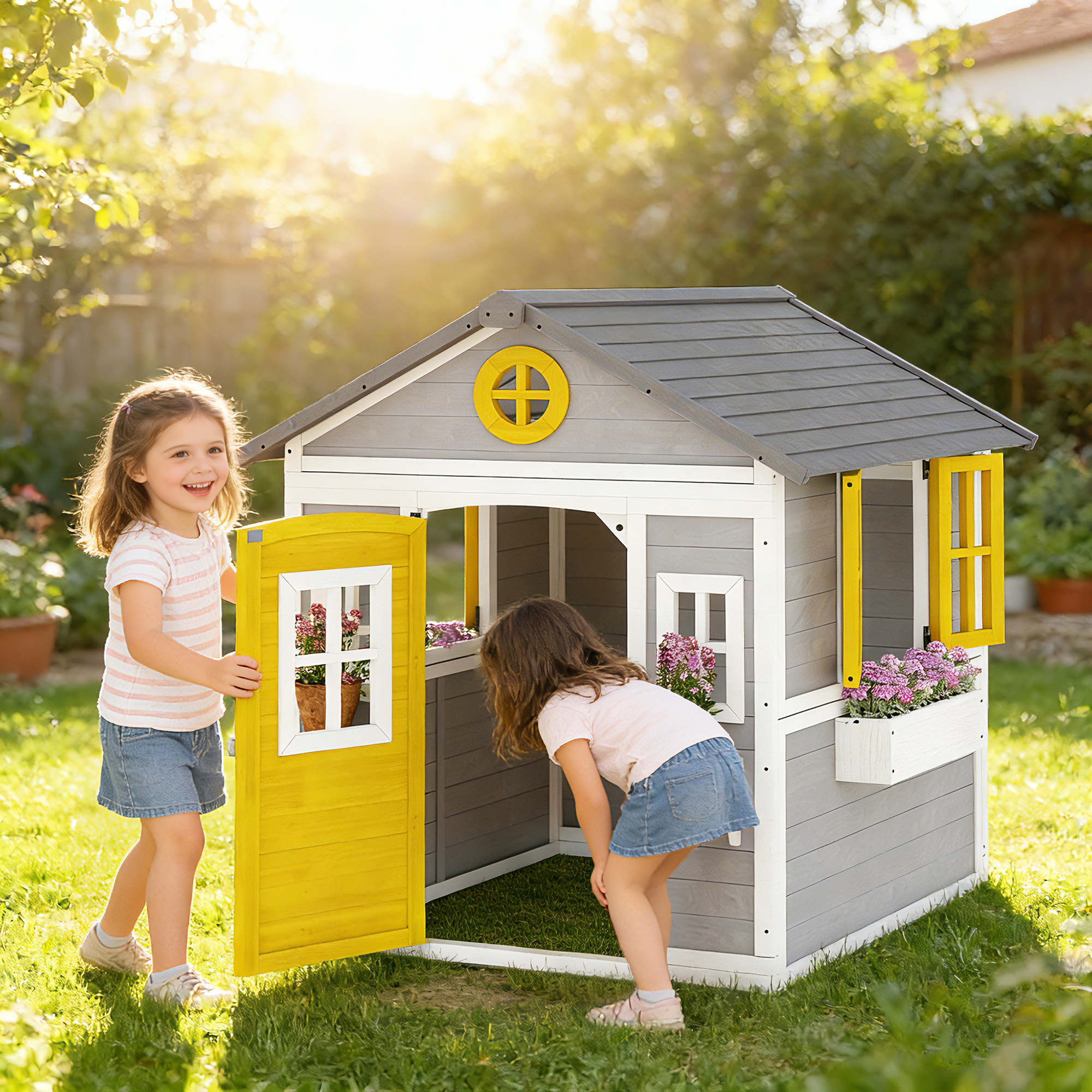 Spielhaus Wetterfestes Kinderspielhaus aus Holz mit Tür 6 Fenster 2 Blumenkästen 2 Blumenständern für 3-8 Jahre Grau