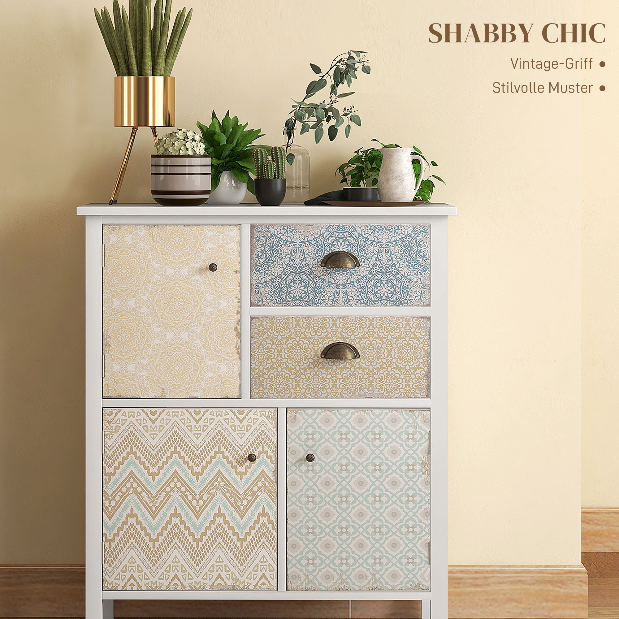 Sideboard, Shabby Chic Kommode, 2 Schubladen, 3 Schrankfächer, Kiefernholz, 68x34x80cm, Weiß