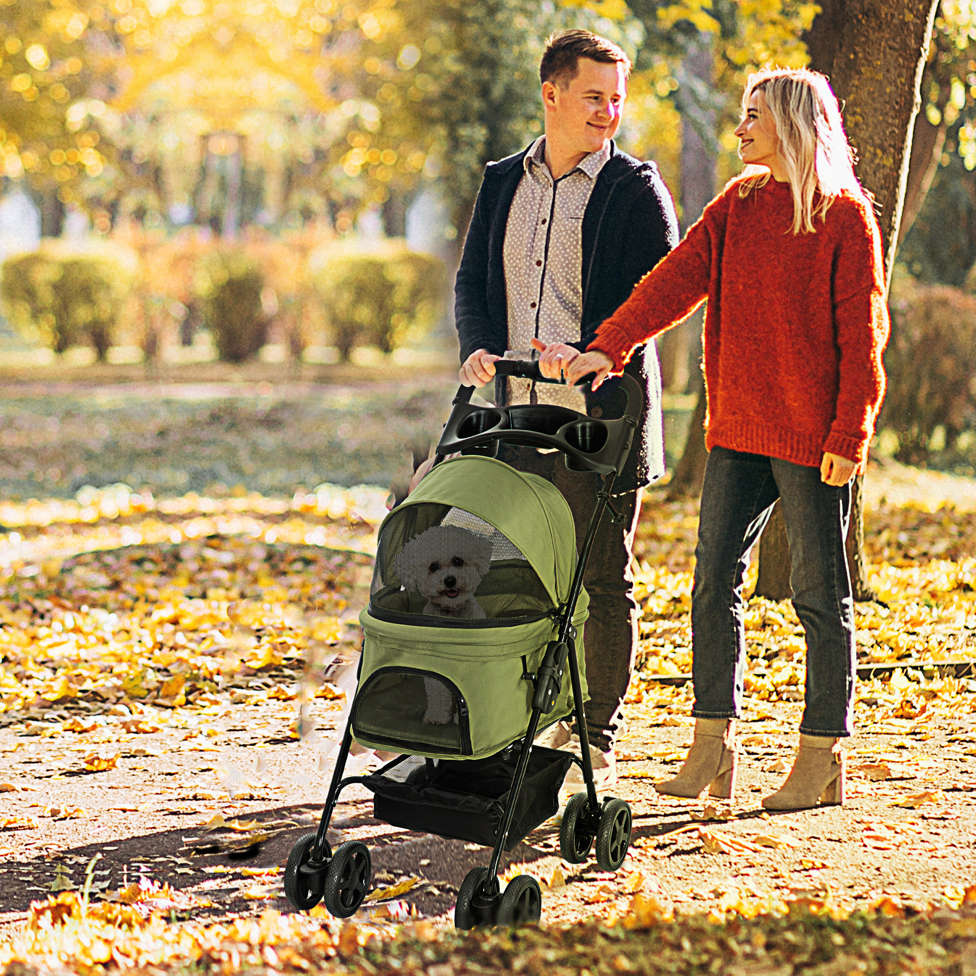 Hundewagen Hundebuggy, klappbar, 2 Sicherheitsleinen, 2 Becherhalter,  67 x 45 x 96 cm, Khaki