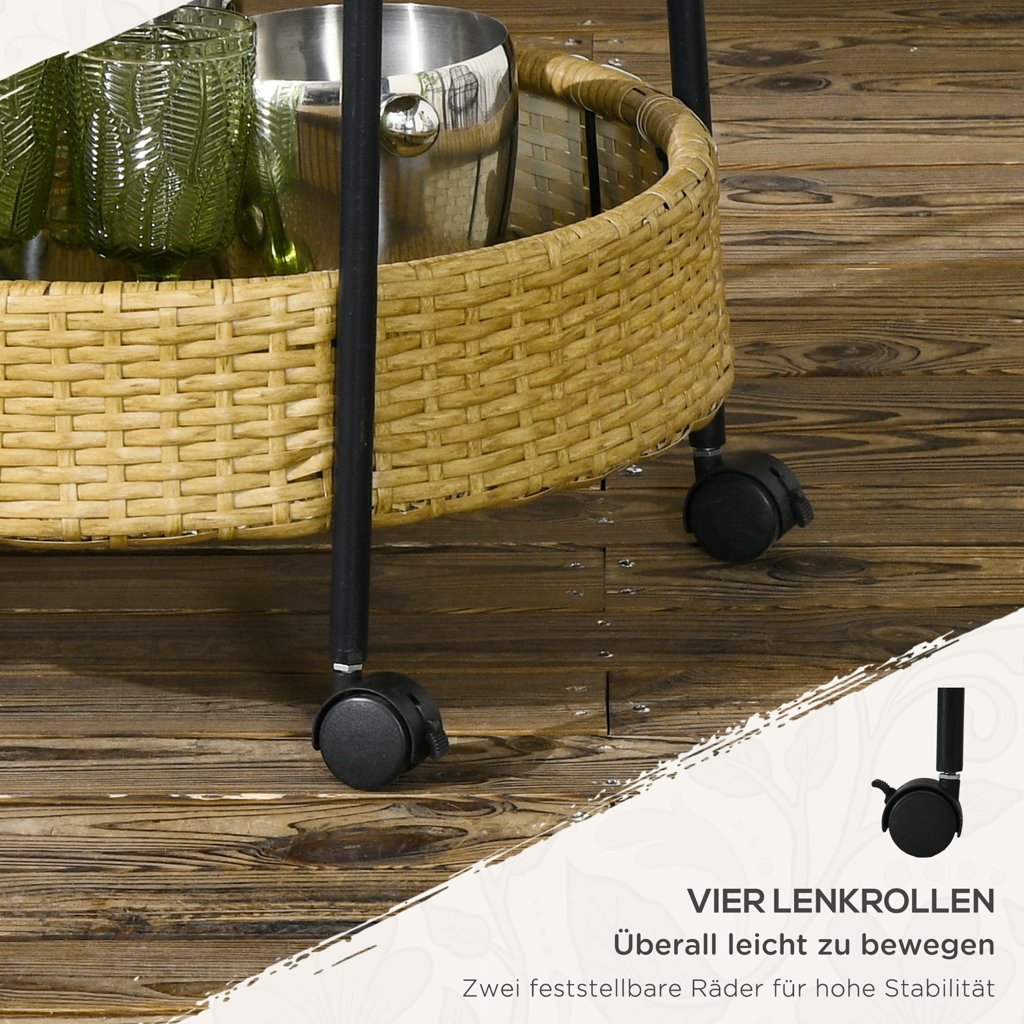 Outdoor Servierwagen, 2 Etagen, Bremsen, Polyrattan, Metallrahmen, ?50 x 66H cm, Gelb