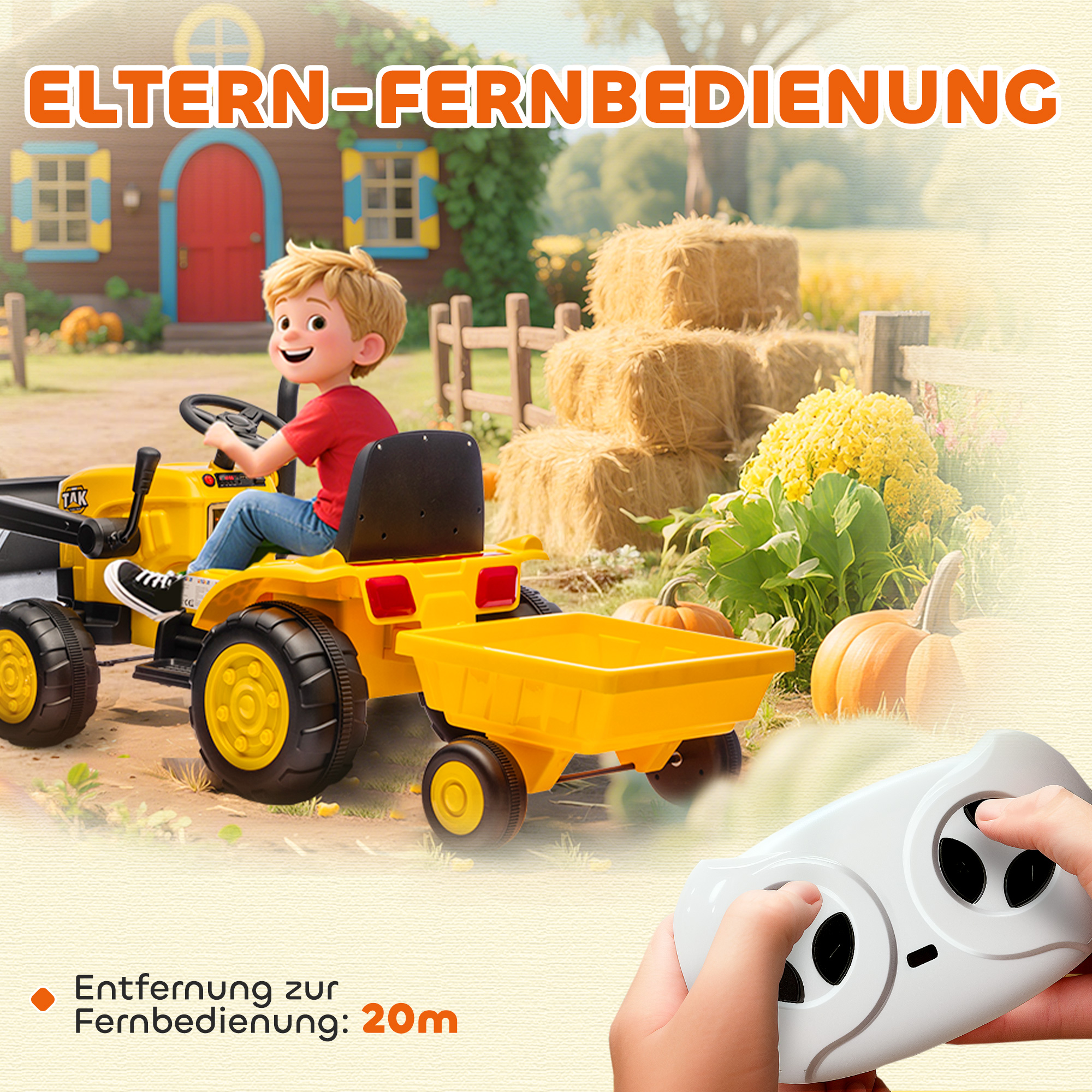 Elektrisches Aufsitz-Baufahrzeug, Spielzeugbagger mit Anhänger, 3-8 Jahre, Kunststoff, Stahl, Gelb