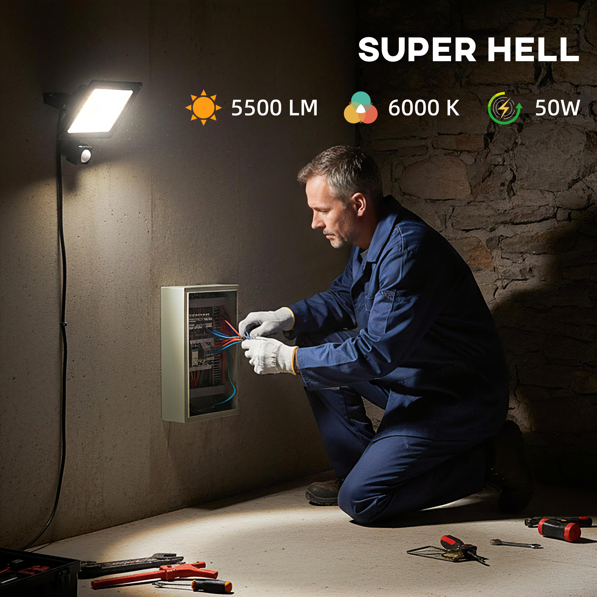 50W Arbeitslampe, verstellbar, 3 Modi, Aluminium, flexibel einsetzbar, Schwarz