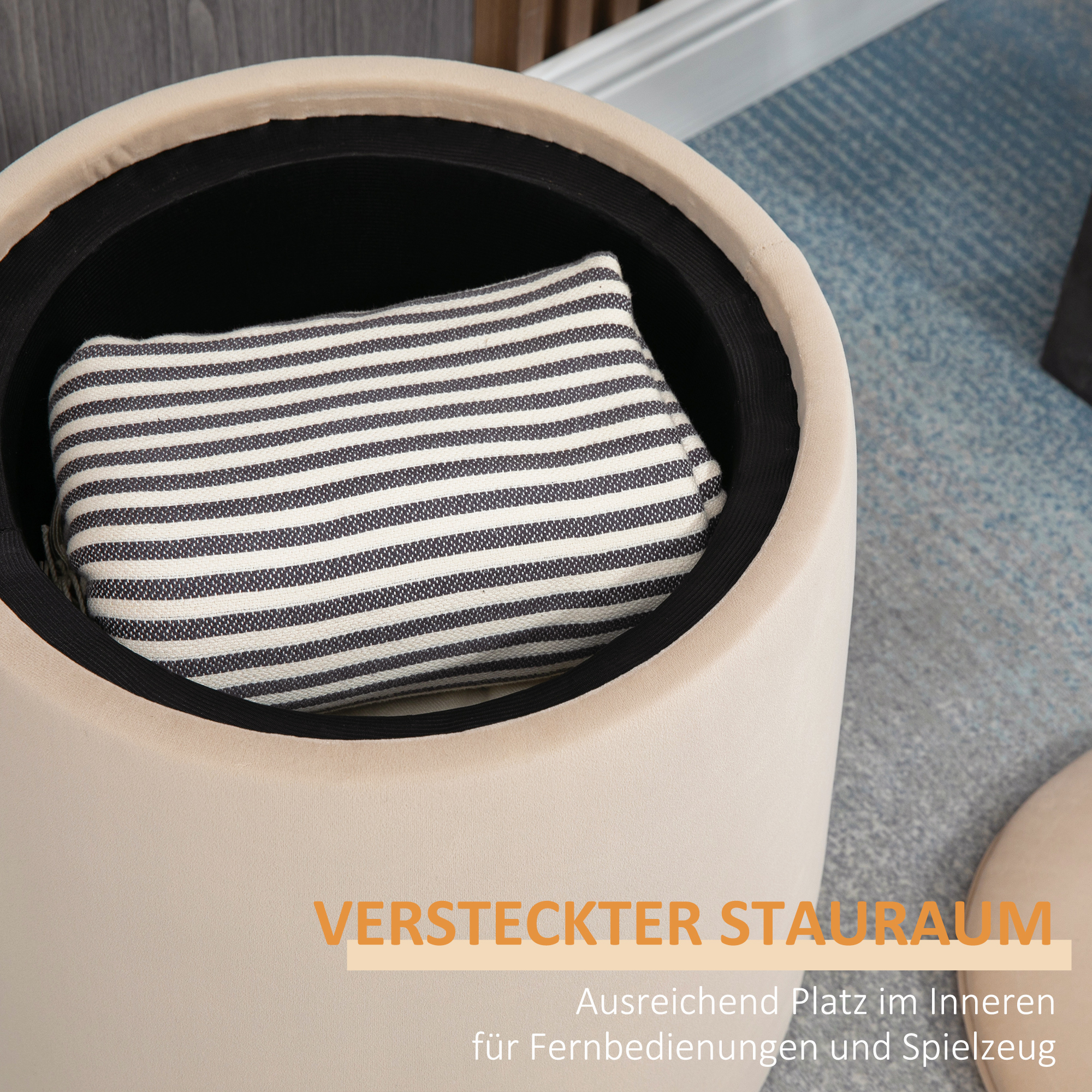 2-in-1 Hocker in Samtoptik inklusive Stauraum und abnehmbaren Deckel ?44 cm x 47,5 cm Beige