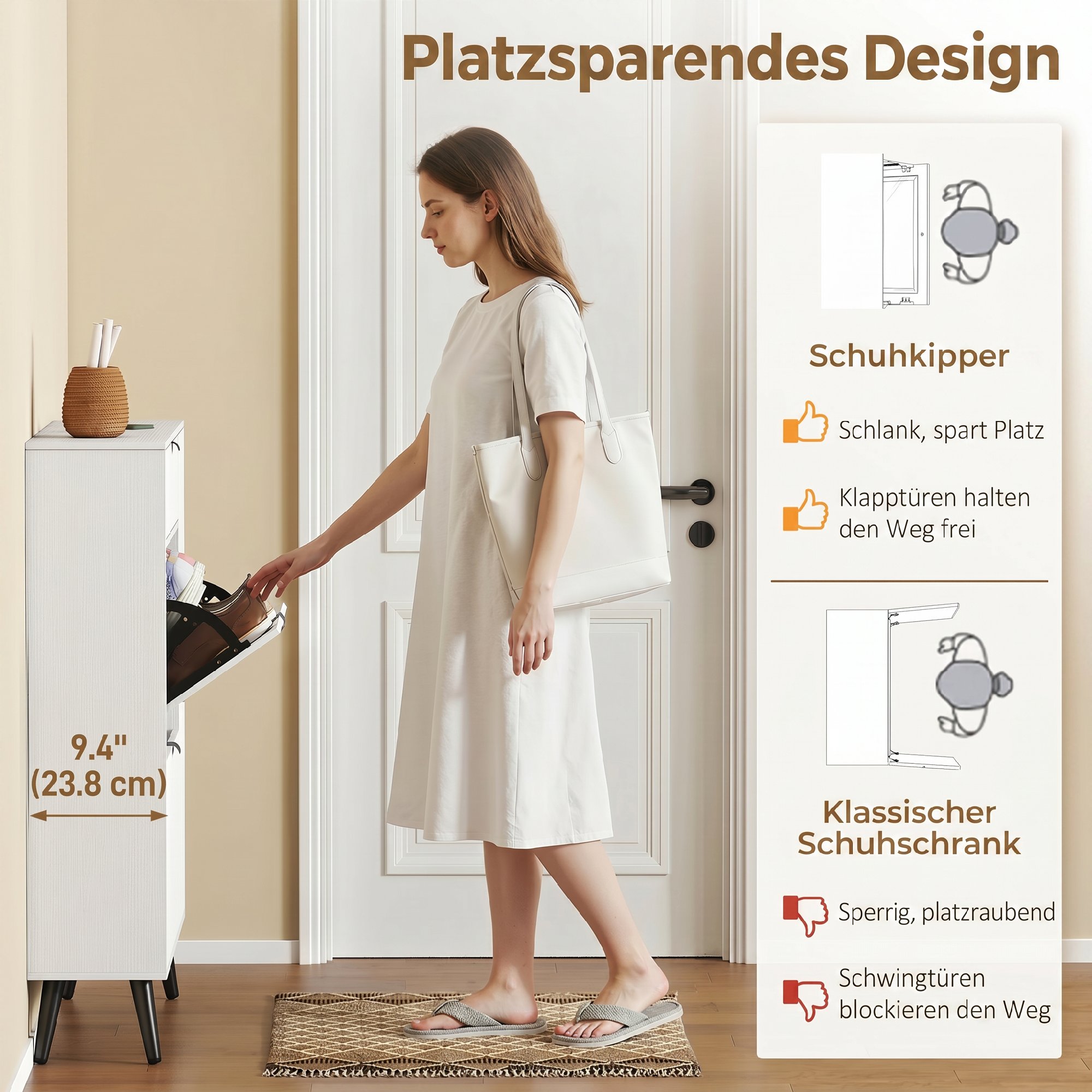 Schmaler Schuhschrank mit 2 Klappfächern, Schuhschrank mit Lychee-Leder-Türen und verstellbaren Regalböden, Weiß