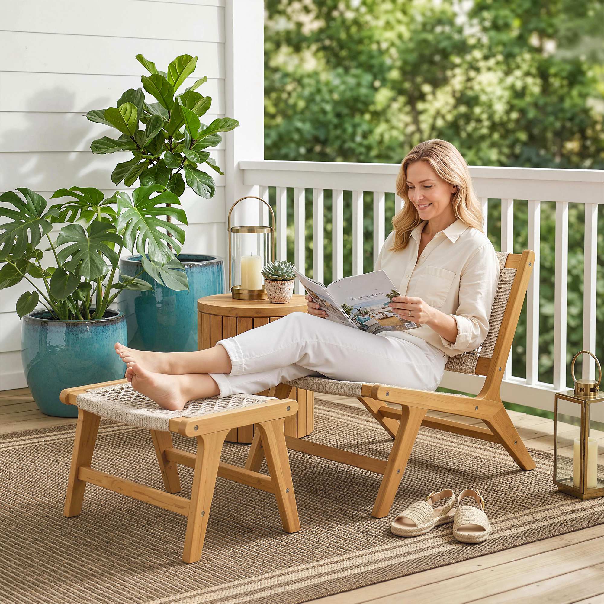 Gartensessel mit Hocker 2-teilig Akazienholz Outdoor Loungesessel mit Rattan-Sitz Boho-Stil verstellbare Füße