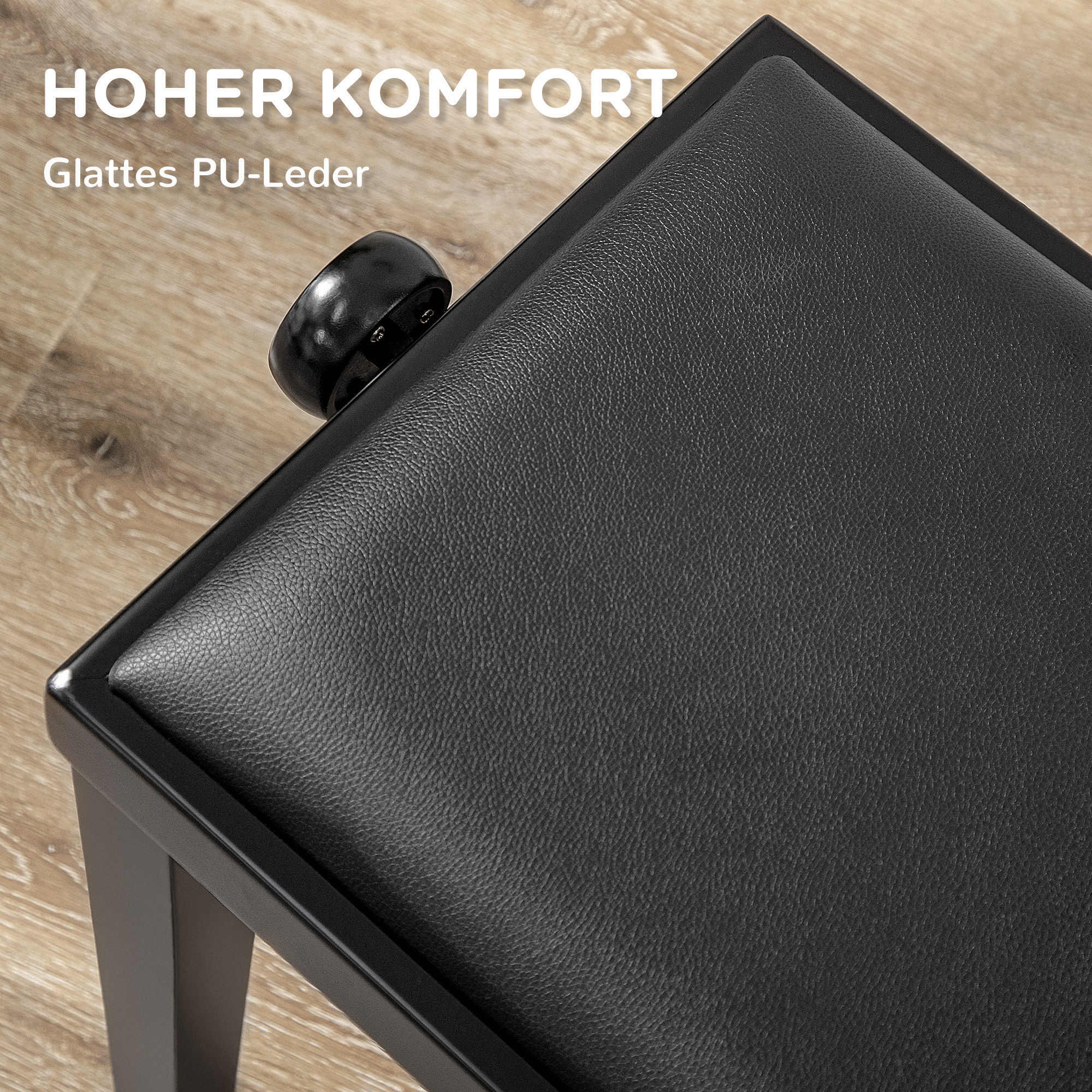 Klavierbank, Pianostuhl, höhenverstellbar, eleganter Hochglanz, Kunstleder+Kautschukholz, schwarz, 63 x 33 x 56cm