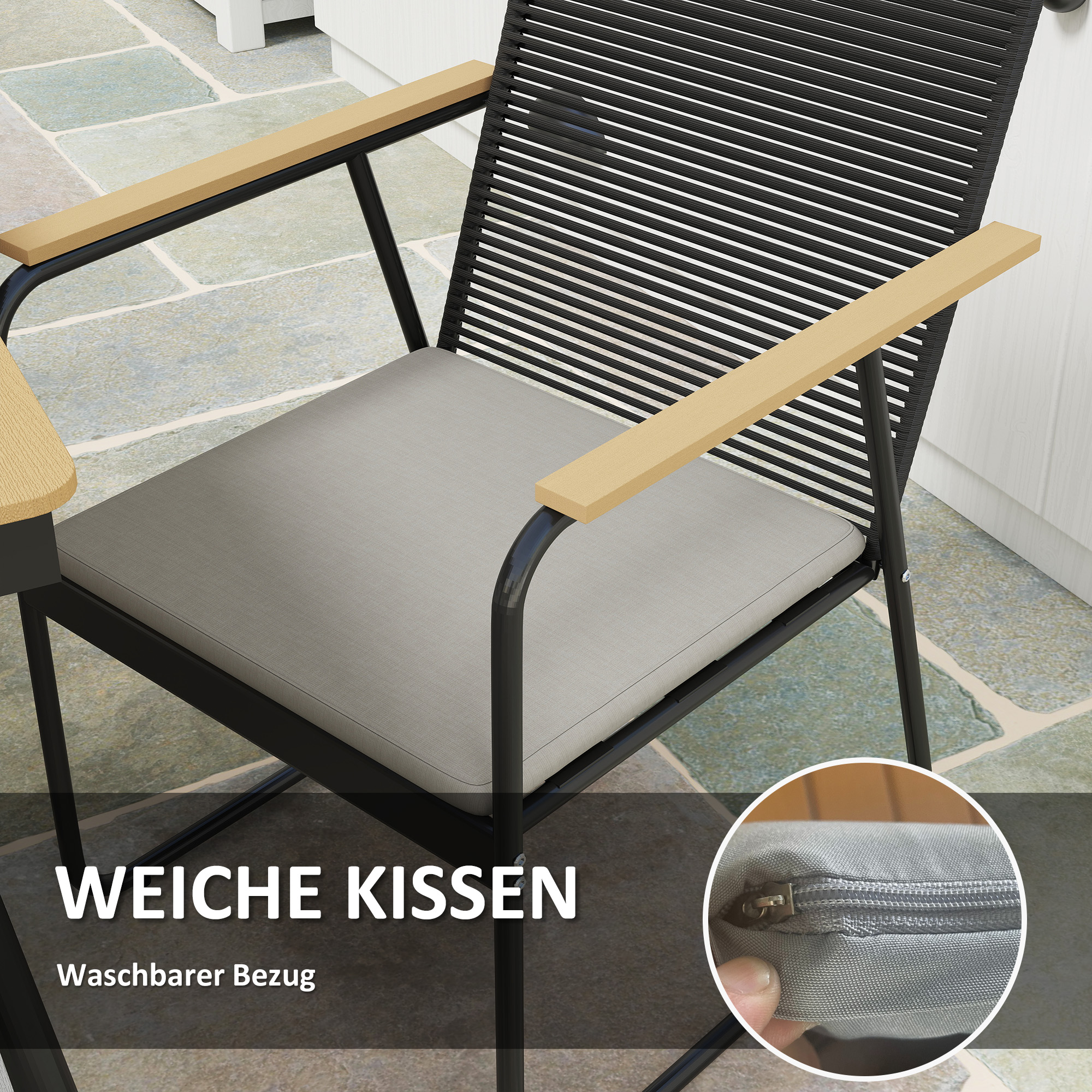 Sitzgruppe 7-teilig Metall Essgruppe für 6 Personen Esstisch mit Tisch 6 Stühlen Esszimmergruppe Naturholz+Schwarz