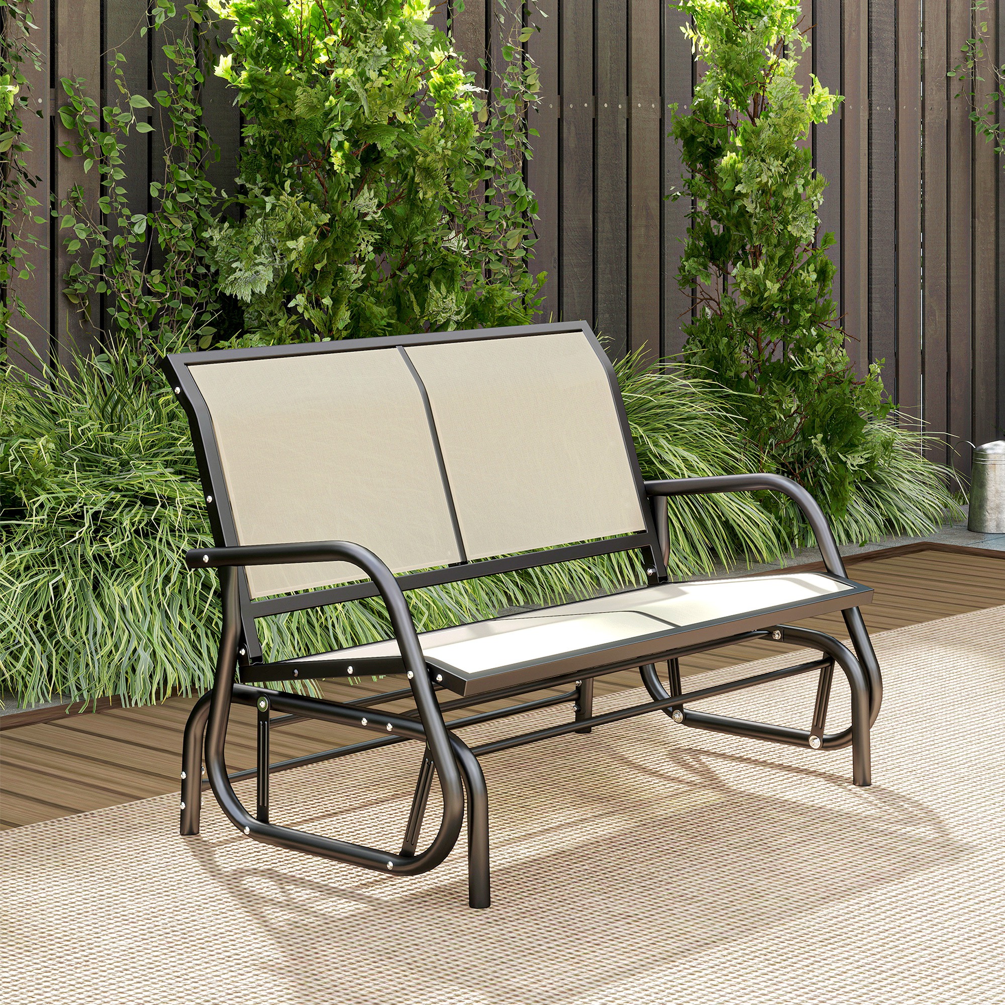 2-Sitzer Schaukelstuhl Gartenbank mit Schaukelmechanismus Gartenschaukel Sitzbank aus Metall Parkbank bis 200 kg belastbar Gartenmöbel für Garten, Terrasse, 120 x 70 x 85 cm Schwarz+Beige