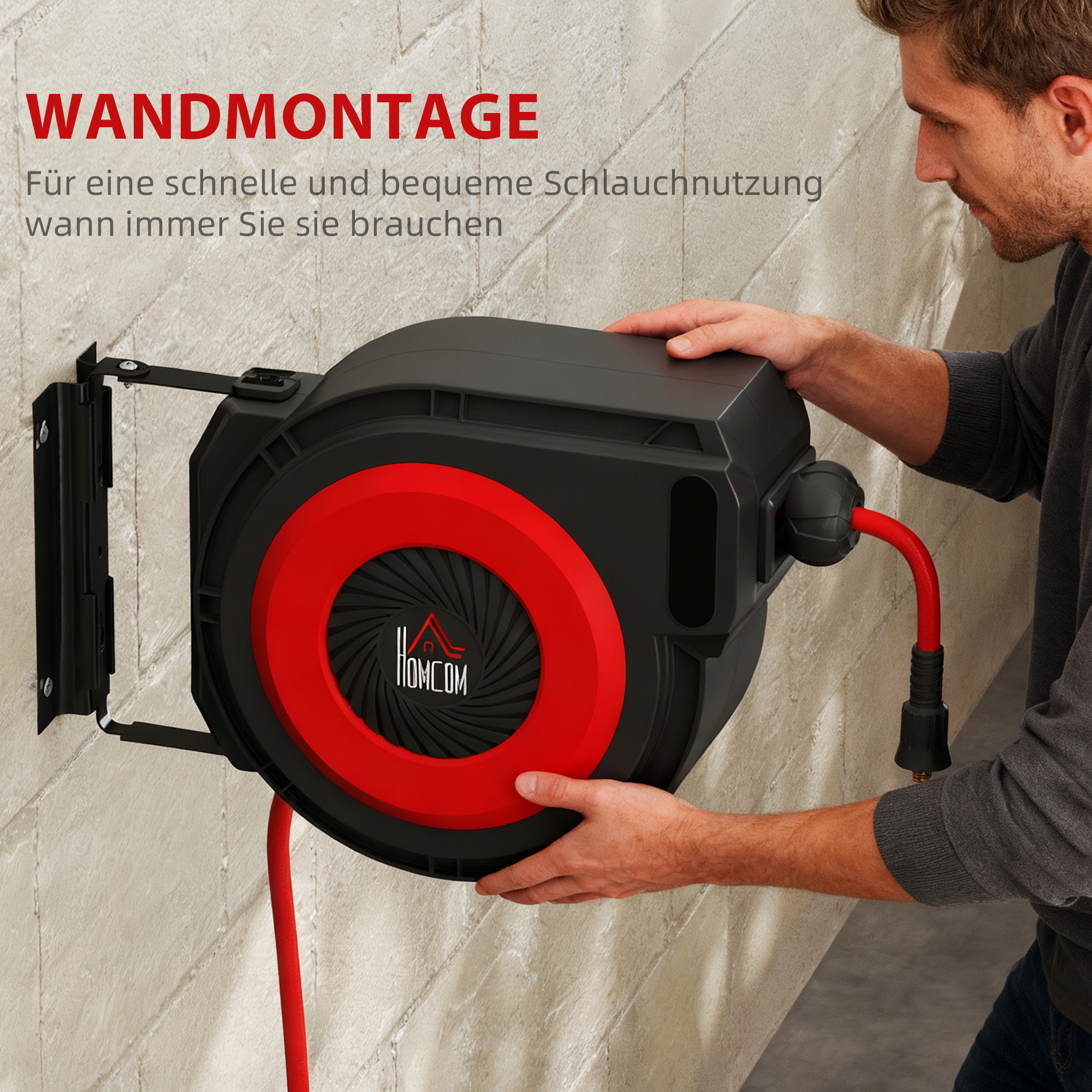 Schlauchtrommel mit Einzugs-Mechanismus, 16,5 m langer Schlauch, Wandmontage, Rot+Schwarz