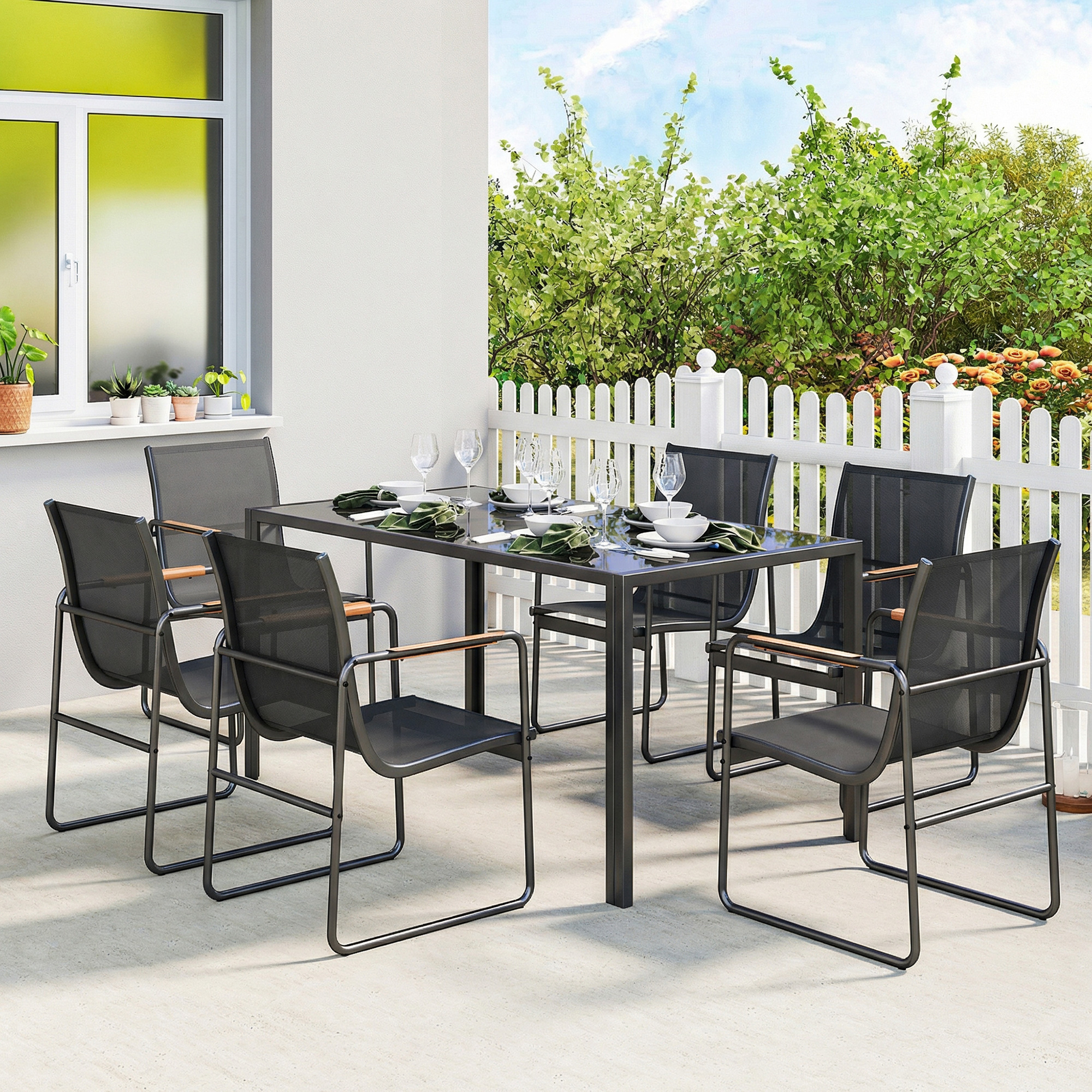 Gartenmöbel Set Sitzgruppe 150 x 80cm Glastisch mit 6 Atmungsaktiven Stühlen Dekorative Armlehnen Schwarz
