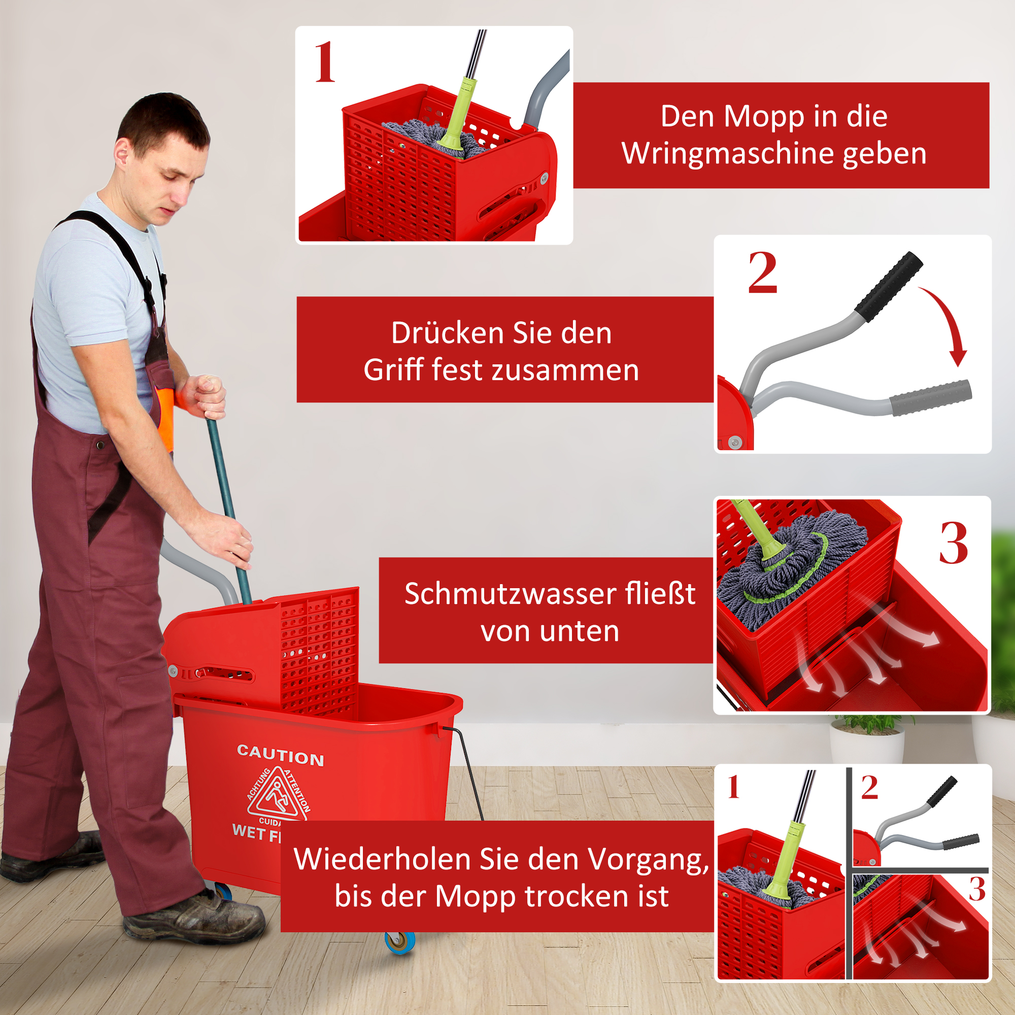 20l Mopp-Eimer mit Auswringer und Griff, Wischmopp-Eimer auf Rädern, Kunststoff, Rot